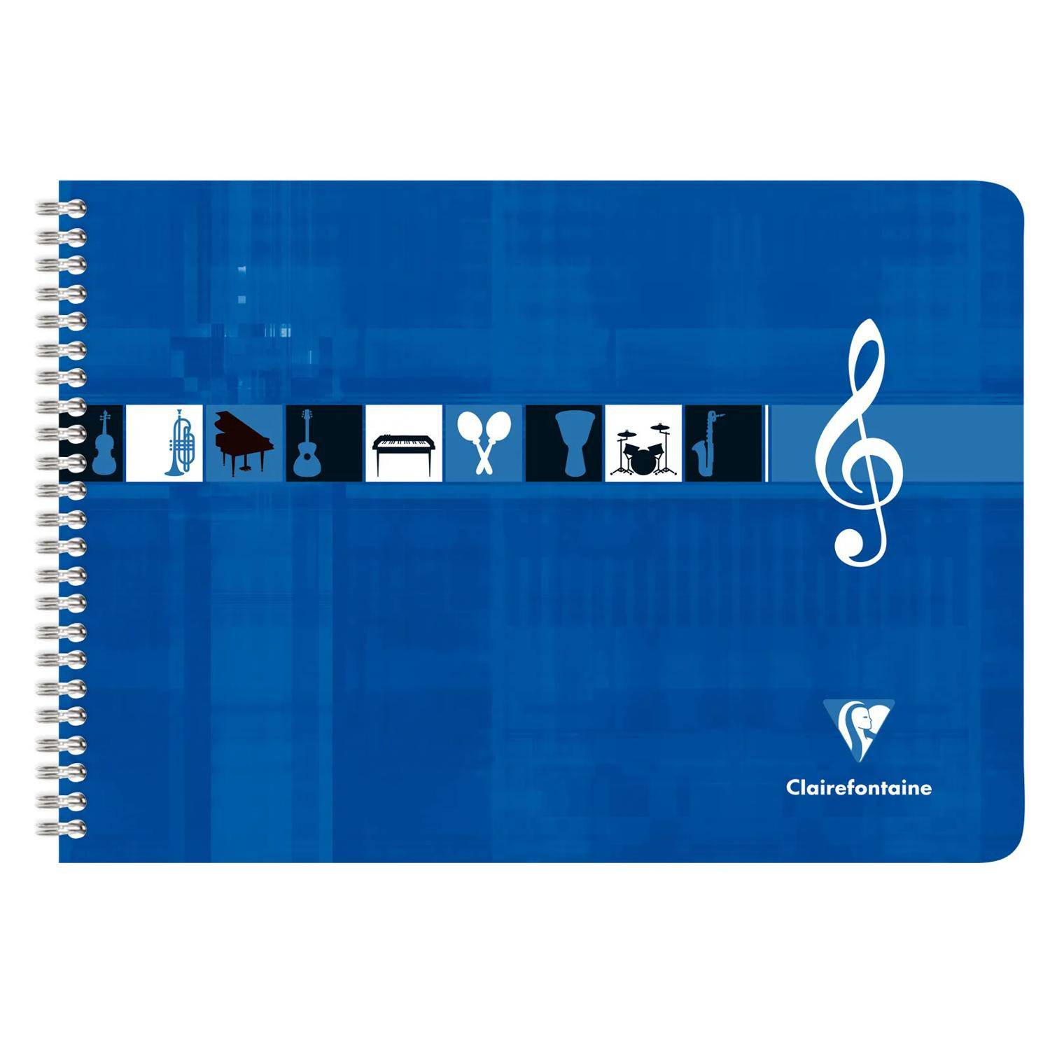 Blauumschlag eines spiralgebundenen Musiknotizbuches mit einem großen weißen Violinschlüssel und kleinen Instrumentensymbolen in der Mitte; „Clairefontaine