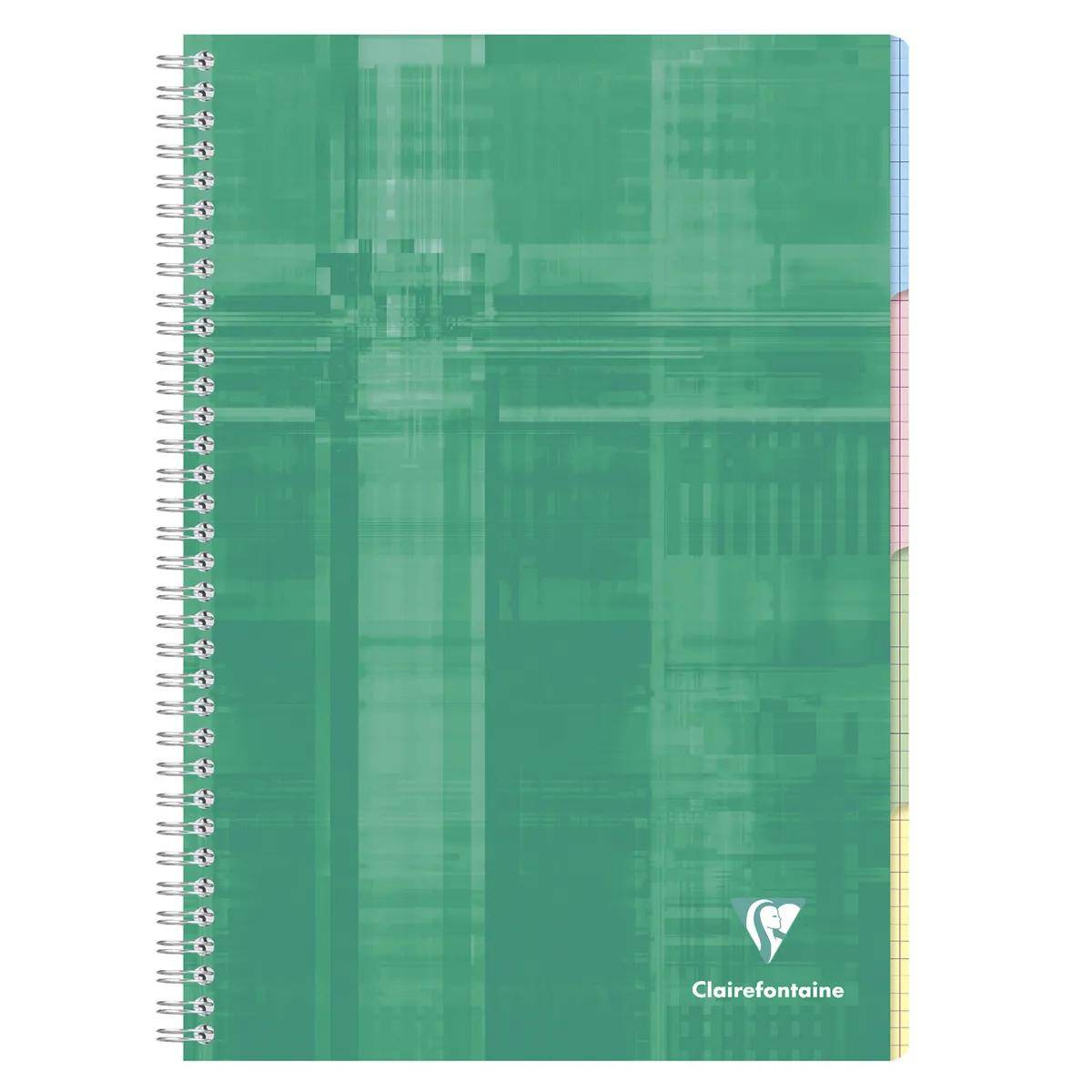 Grünes spiralgebundenes Notizbuch mit gemustertem Umschlag und Clairefontaine-Logo, frontal dargestellt.