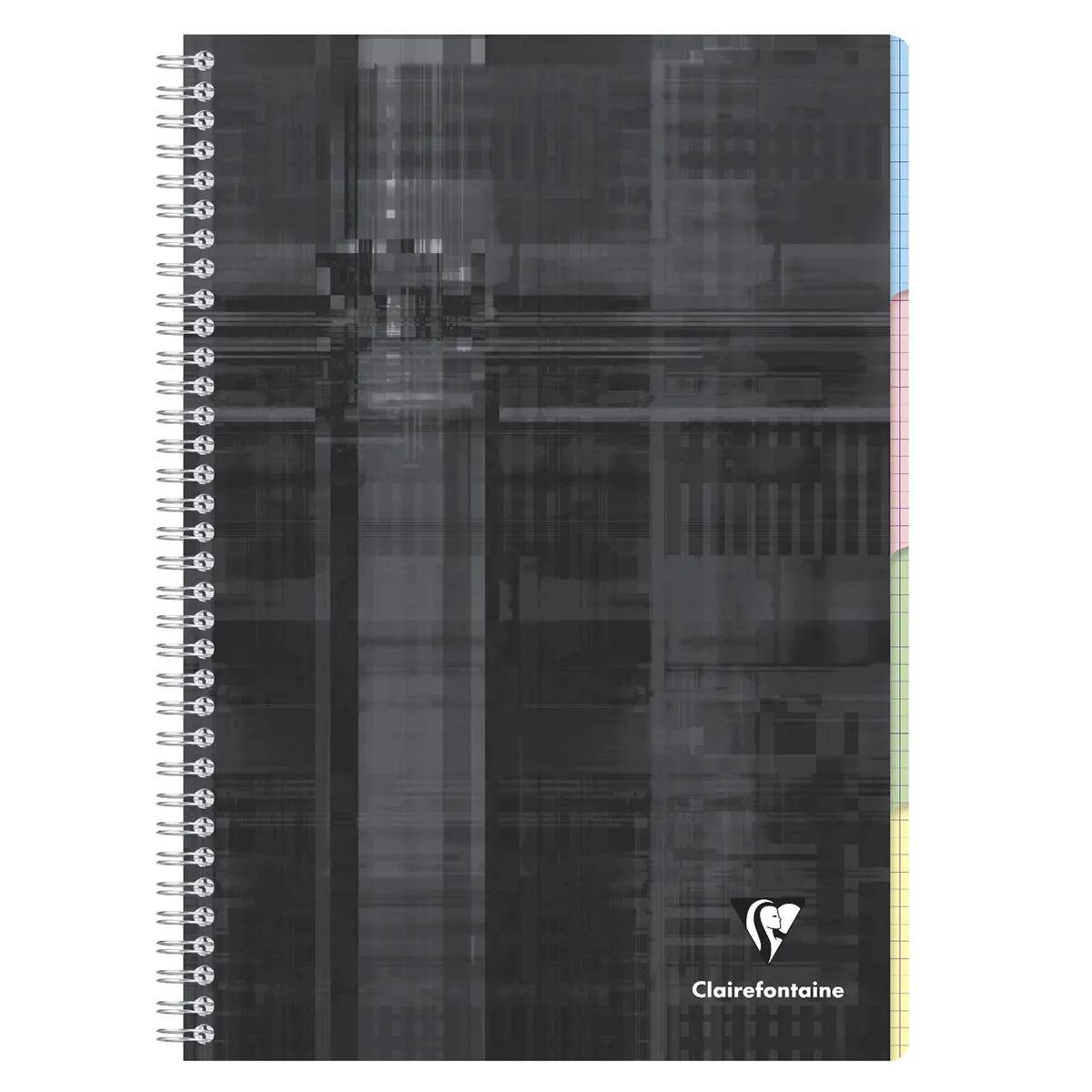 Schwarzes spiralgebundenes Clairefontaine-Notizbuch mit dunklem abstraktem Einband und kleinem Logo unten rechts.