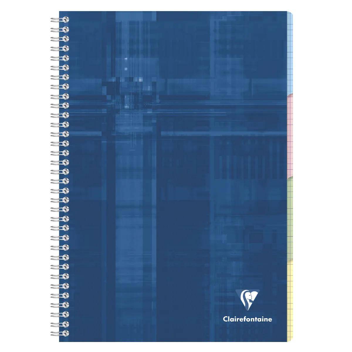 Blaugebundenes Clairefontaine-Notizbuch mit Spiralbindung, schlicht gestaltetem Umschlag und mehrfarbigen Registerreiter an der rechten Seite.