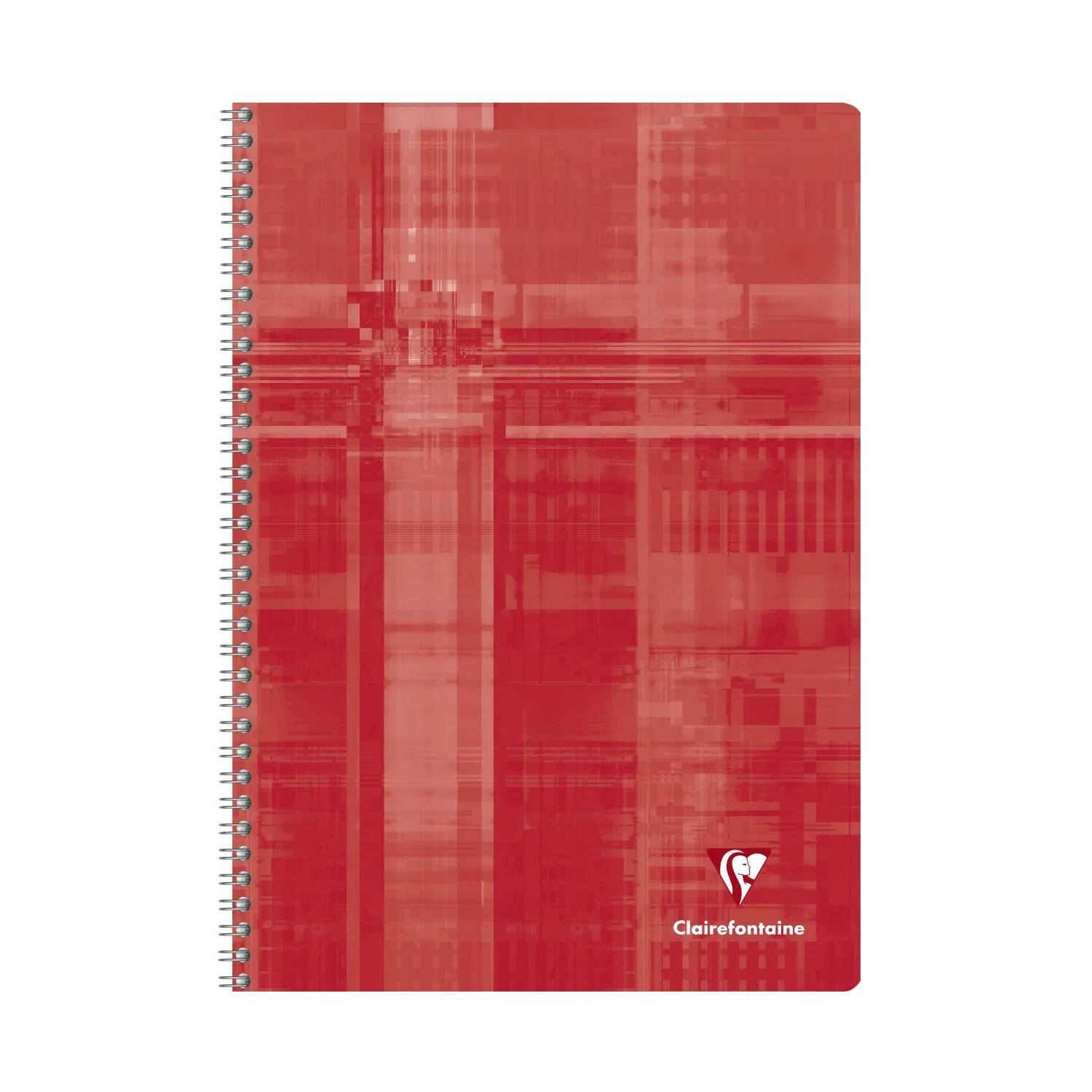 Rotes spiralgebundenes Notizbuch mit rotem abstraktem Karomuster auf dem Umschlag und Clairefontaine-Logo unten rechts.