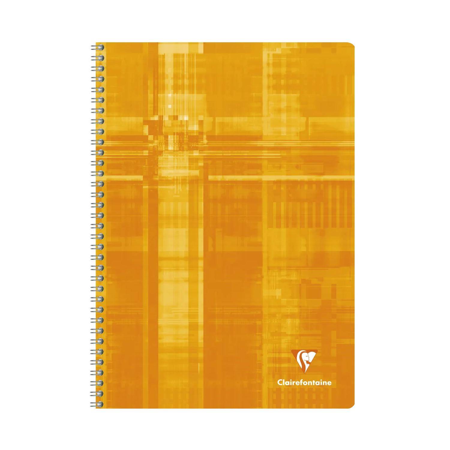 Orange Spiralblock mit abstraktem Karomuster auf dem Umschlag und Clairefontaine-Logo unten rechts.
