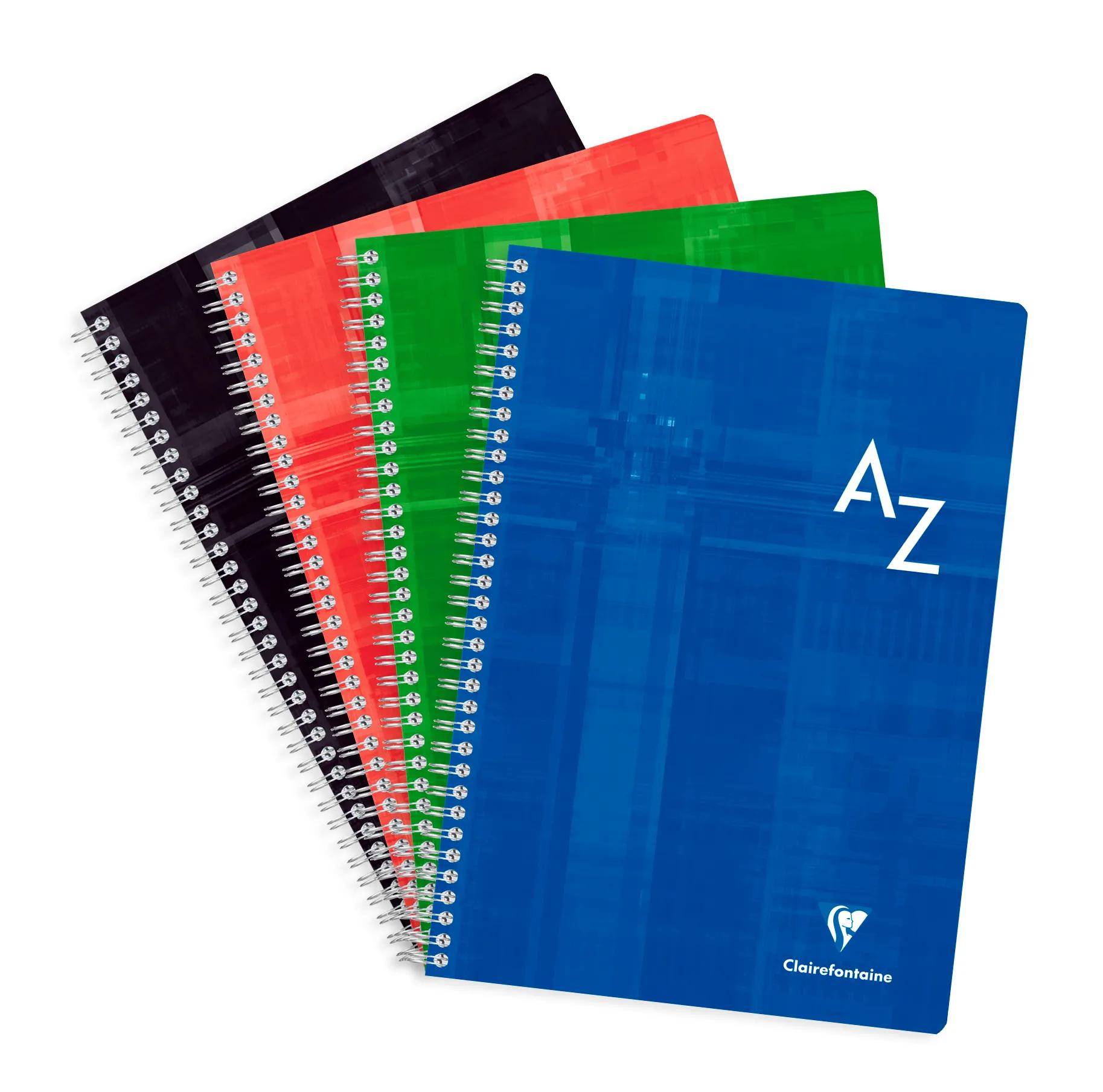 Stapel von fünf spiralgebundenen Notizbüchern in Schwarz, Rot, Grün und Blau, wobei das vordere blaue Notizbuch mit 