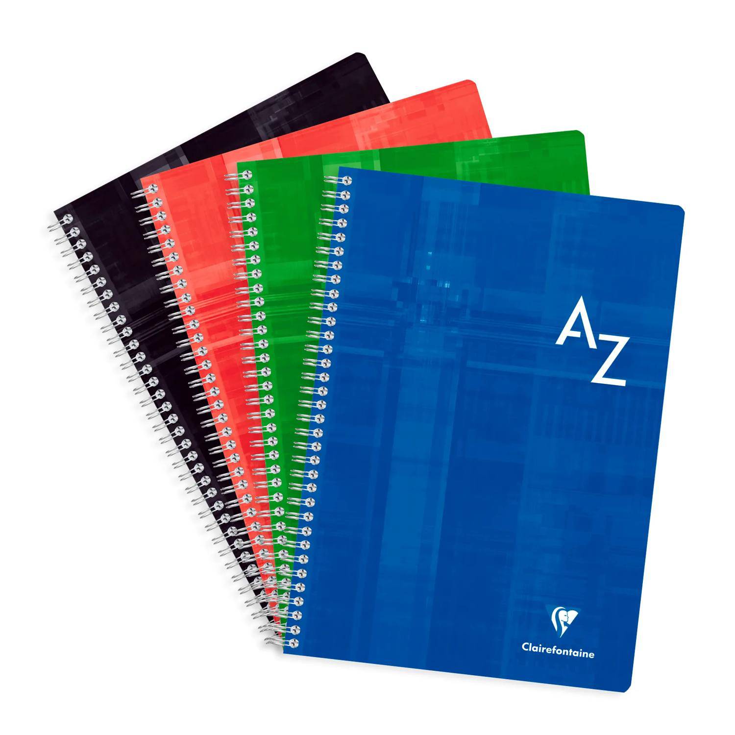 Stapel aus vier spiralgebundenen Notizbüchern in Schwarz, Rot, Grün und Blau; Das blaue Cover zeigt „A Z