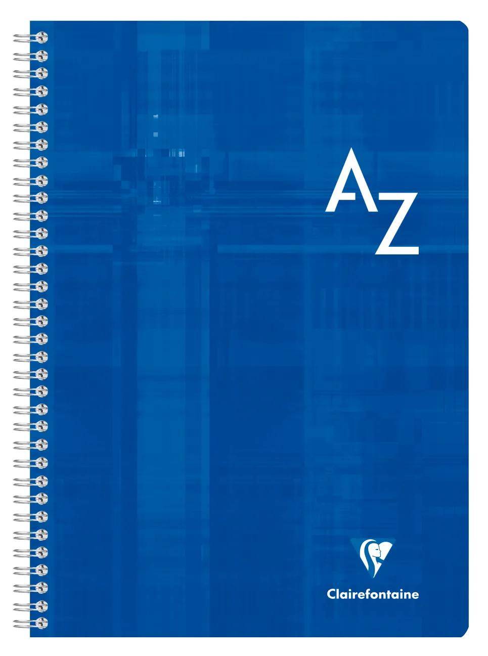 Blauer spiralgebundener Notizbucheinband mit großen weißen A-Z-Buchstaben und dem Clairefontaine-Logo am unteren Ende.