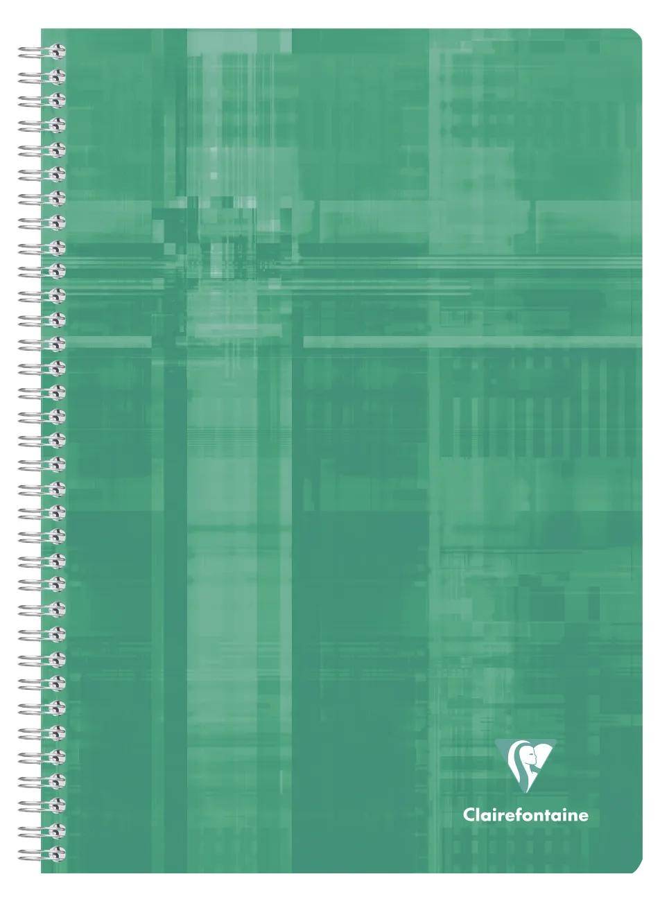 Grünes spiralgebundenes Clairefontaine-Notizbuch mit strukturiertem Umschlag und weißem Logo unten rechts.