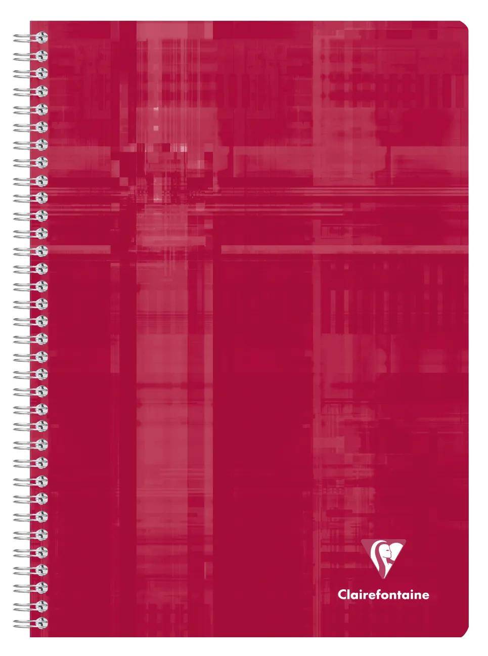 Rotes spiralgebundenes Clairefontaine-Notizbuch mit einem rosa abstraktem gemustertem Umschlag und dem Markenlogo unten rechts.