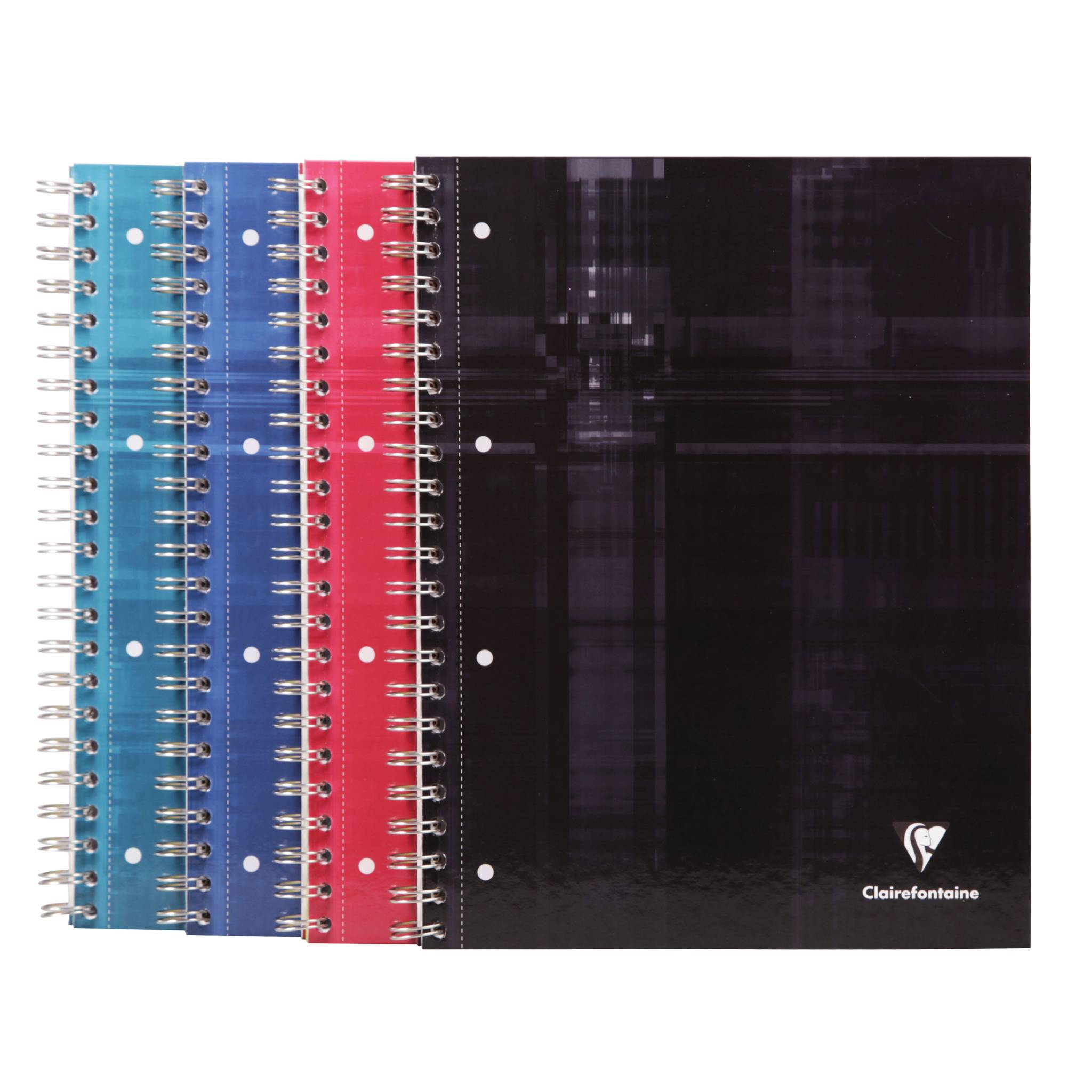Vier spiralgebundene Notizbücher mit türkisen, blauen, rosa und schwarzen Umschlägen, jedes mit weißen Punkten; Clairefontaine-Logo auf dem schwarzen Notizbuch.