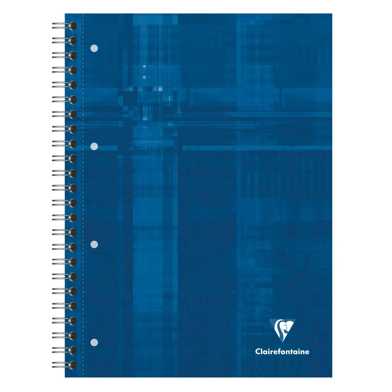 Spiralgebundenes Notizbuch in Blau mit abstraktem geometrischem Umschlag und Clairefontaine-Logo unten rechts.