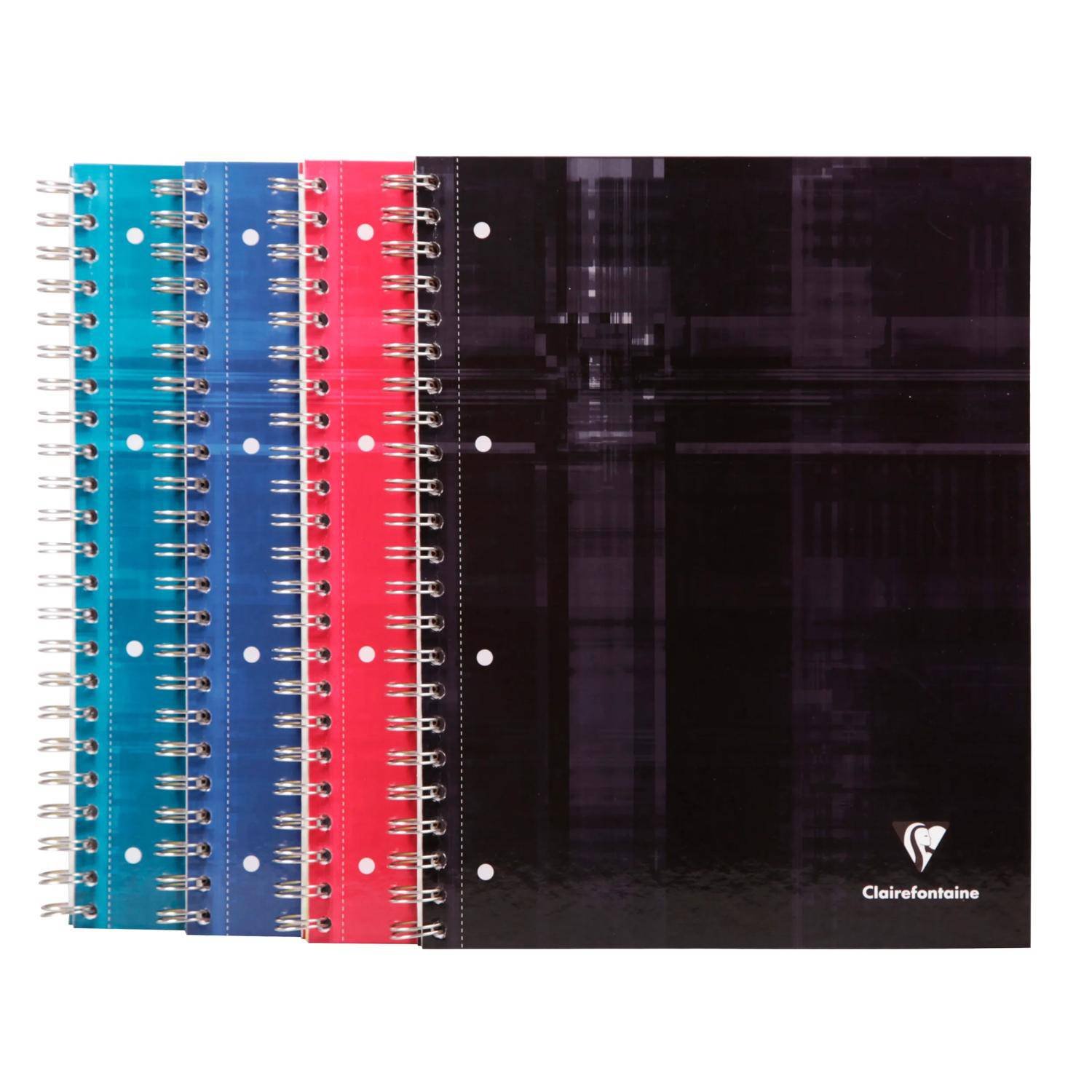 Drei spiralgebundene Notizbücher mit blaugrünen, blauen, rosa und schwarzen Umschlägen, verziert mit weißen Punkten und dem Clairefontaine-Logo.