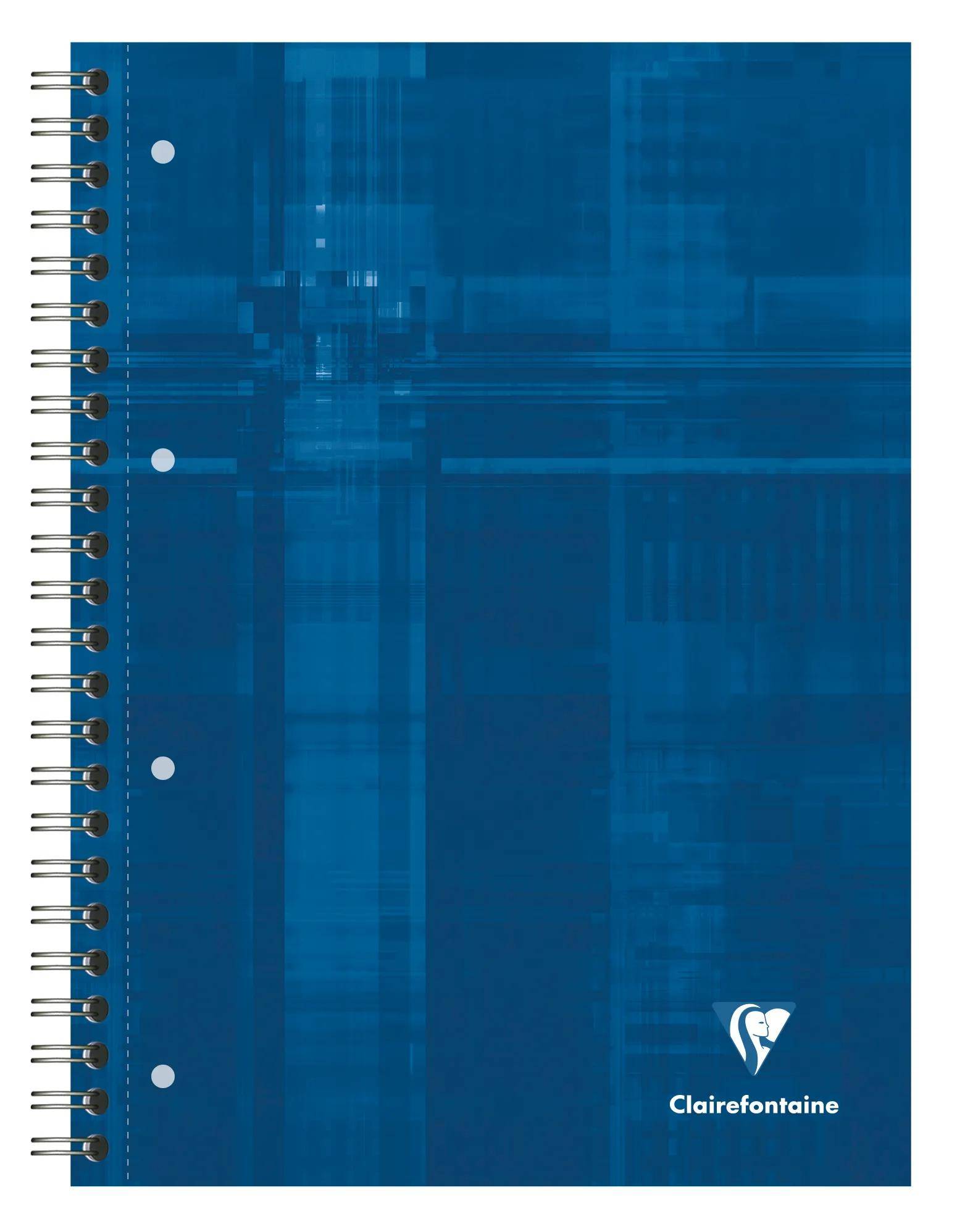 Blauer spiralgebundener Clairefontaine-Notizbucheinband mit abstraktem strukturiertem Muster und Logo in der unteren rechten Ecke.