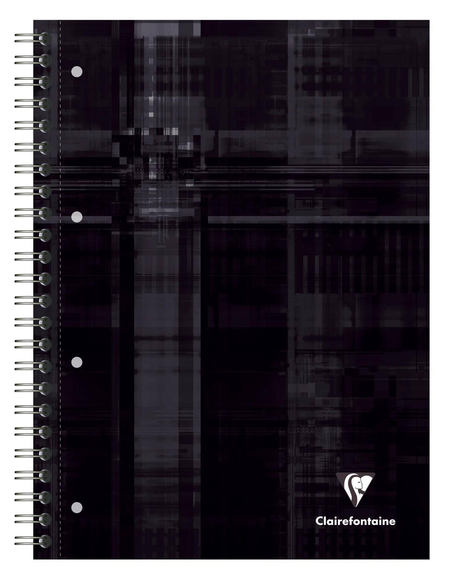 Schwarzer spiralgebundener Clairefontaine-Notizbucheinband mit dunkelm abstraktem Karomuster und weißem Logo unten rechts.