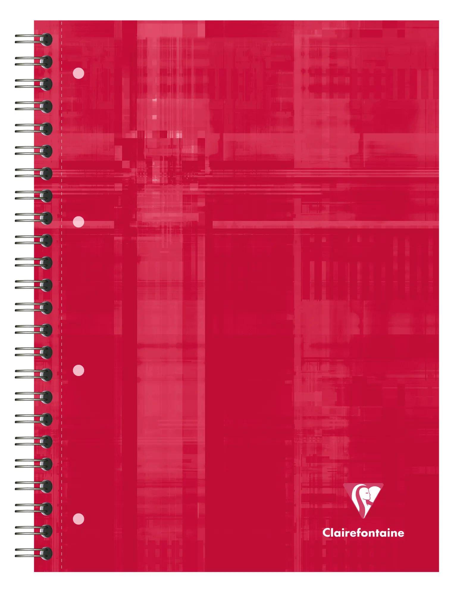 Rotes Clairefontaine-Spiralblock-Notizbuch mit abstraktem Karomuster und weißem Logo unten rechts.