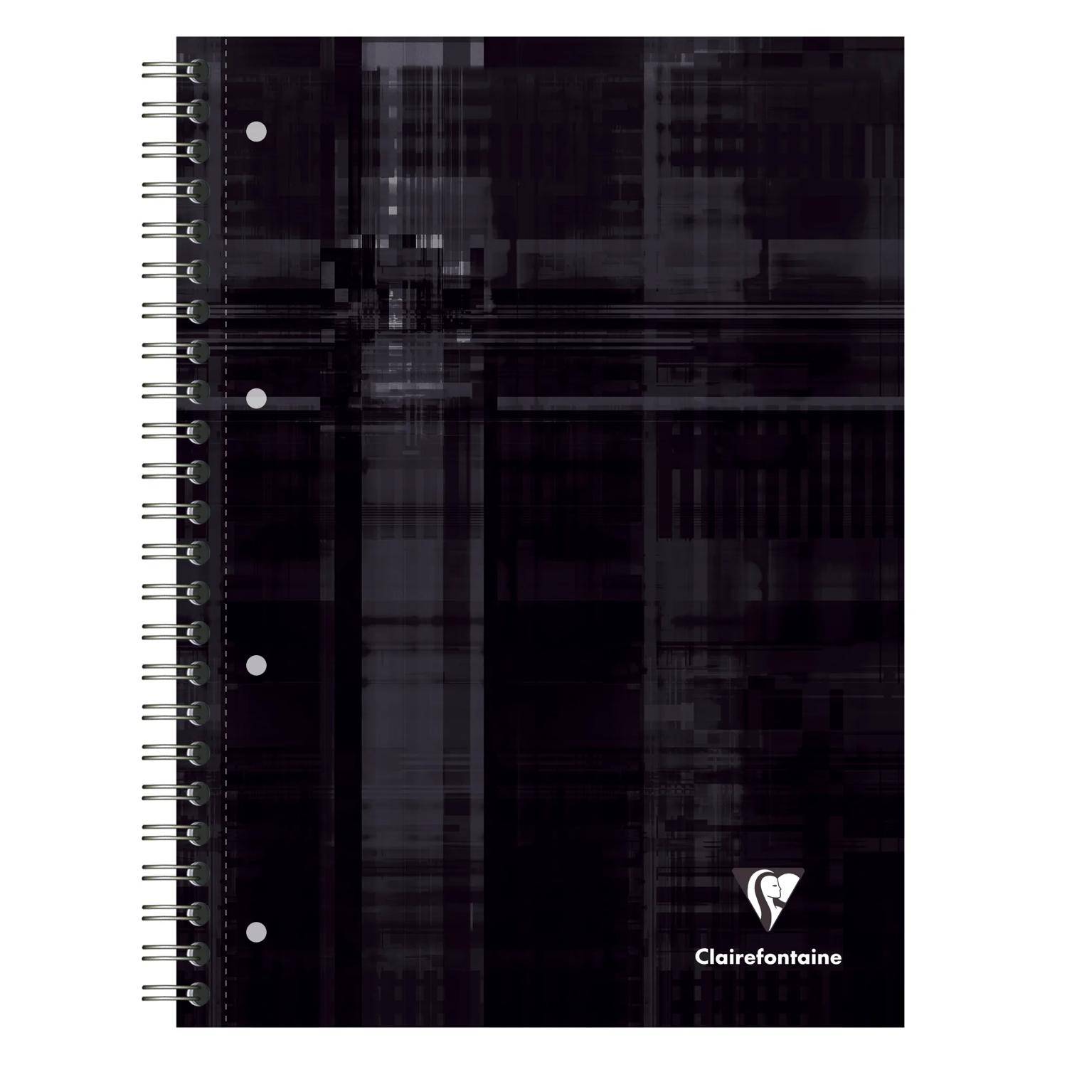 Ein schwarzer spiralgebundener Notizbucheinband mit einem subtilen Karomuster und dem Clairefontaine-Logo unten rechts.