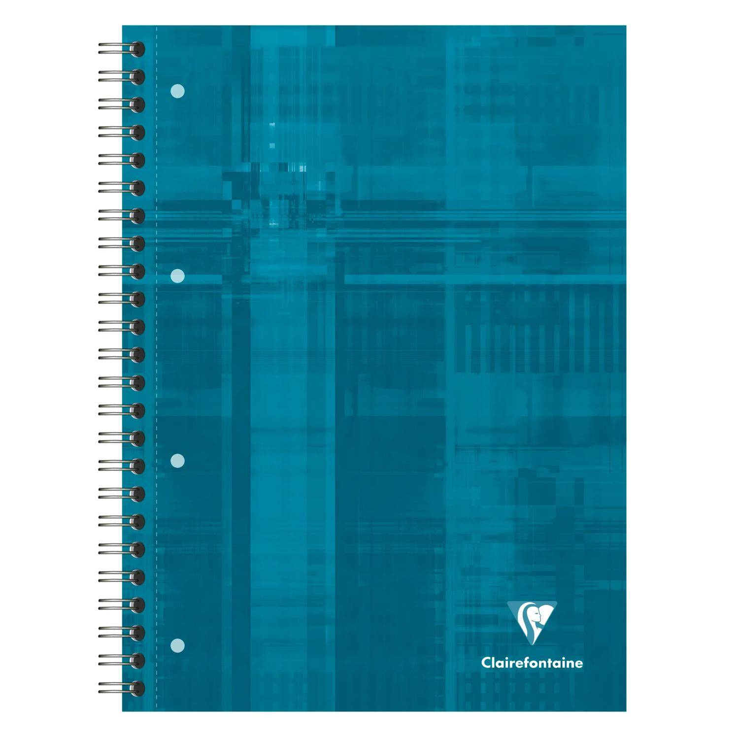 Türkisfarbener Spiralblock-Umschlag mit abstraktem geometrischem Muster und Clairefontaine-Logo unten rechts.
