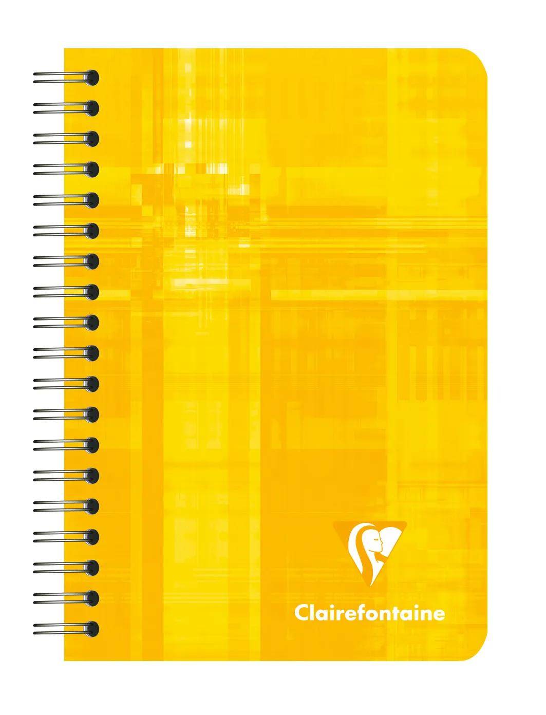 Gelbes spiralgebundenes Clairefontaine-Notizbuch mit weißem Logo auf dem Umschlag