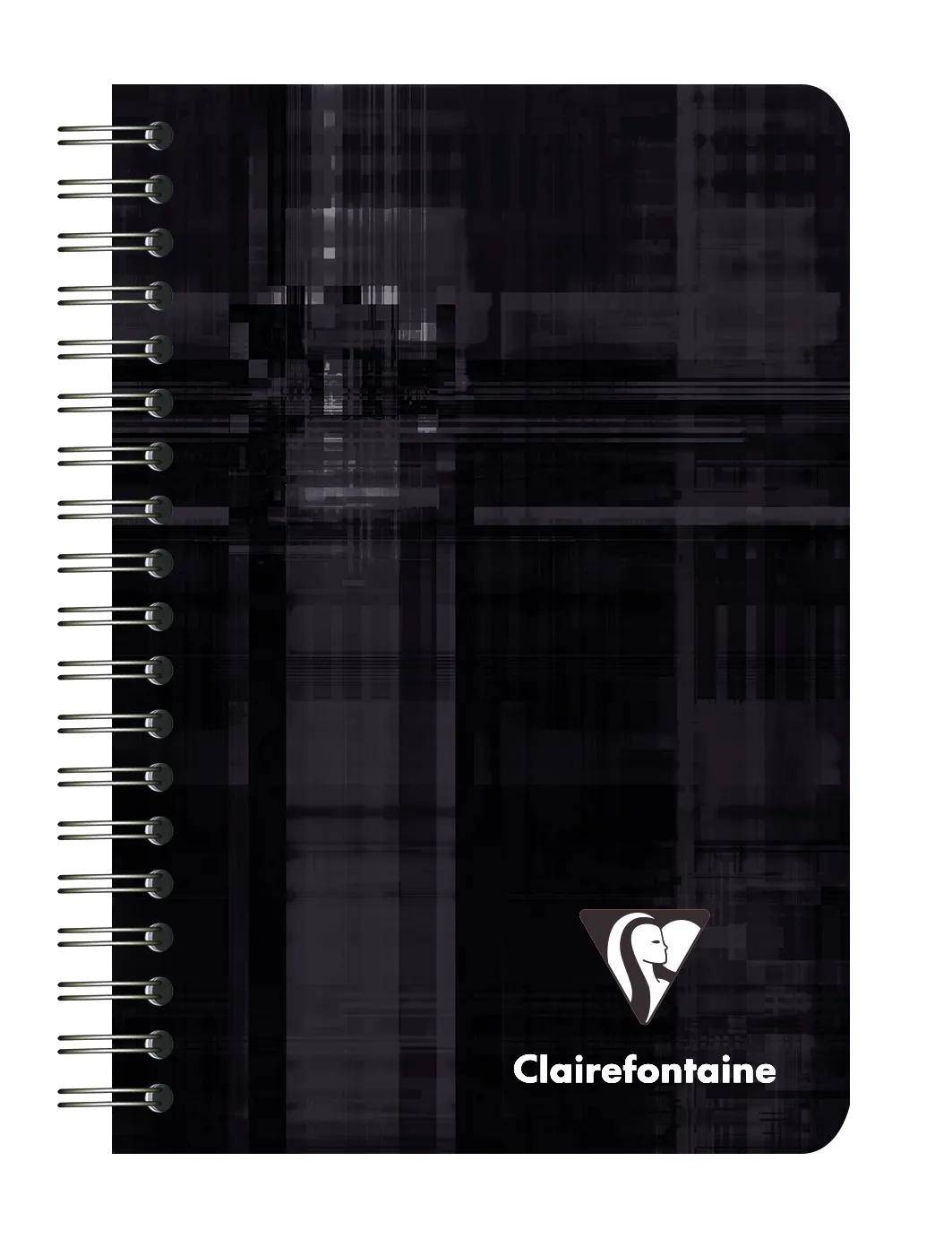 Schwarzes spiralgebundenes Clairefontaine-Notizbuch mit dunklem abstraktem Cover und Logo unten rechts.
