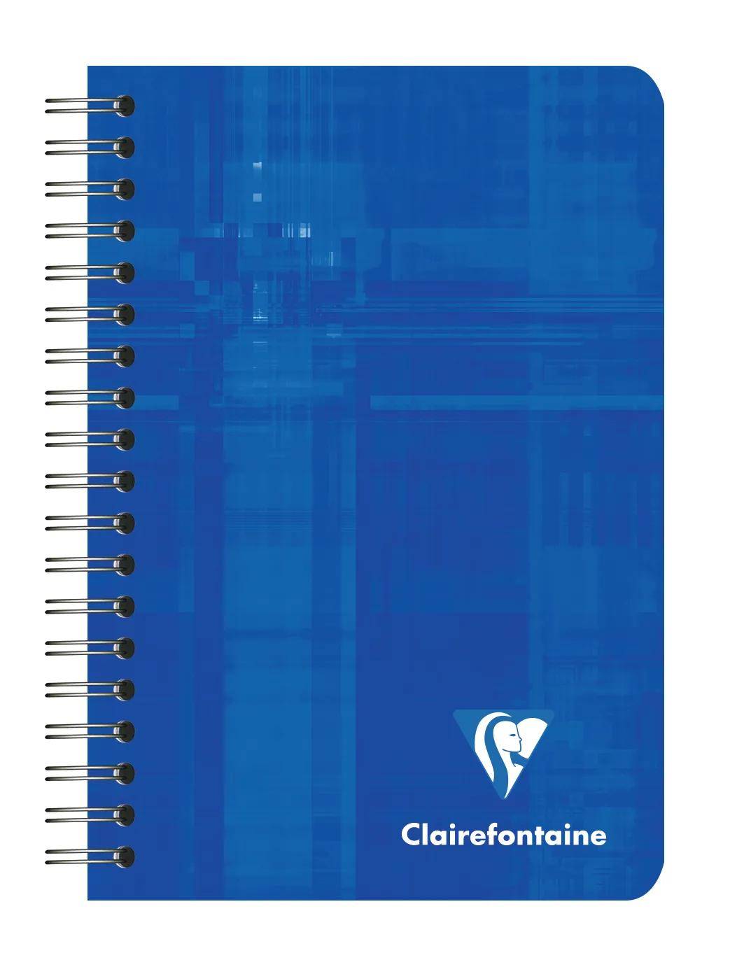 Blauer spiralgebundener Clairefontaine-Notizbuchdeckel mit weißem Logo und Text auf der unteren rechten Seite.