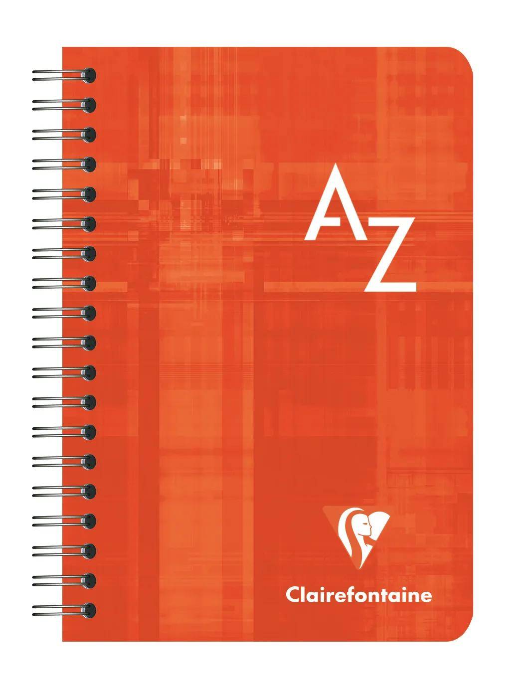 Orange spiralgebundenes Notizbuch mit A-Z-Buchstaben und Clairefontaine-Logo auf dem Umschlag.