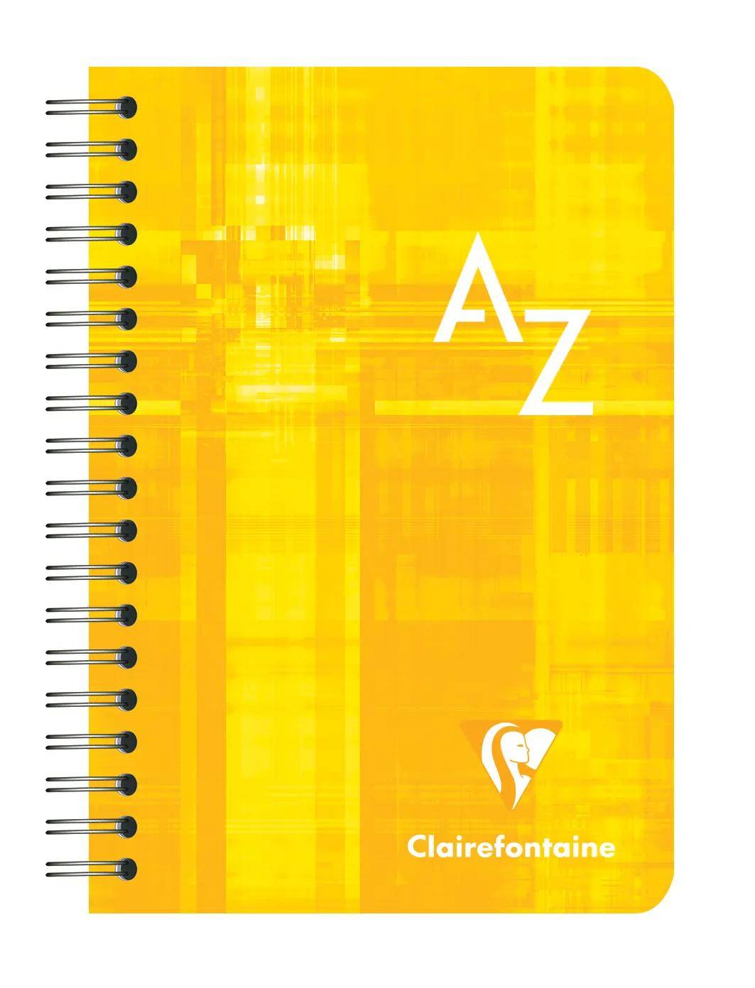 Gelber spiralgebundener Notizbucheinband mit großem A-Z-Text und Clairefontaine-Logo, dargestellt auf weißem Hintergrund.