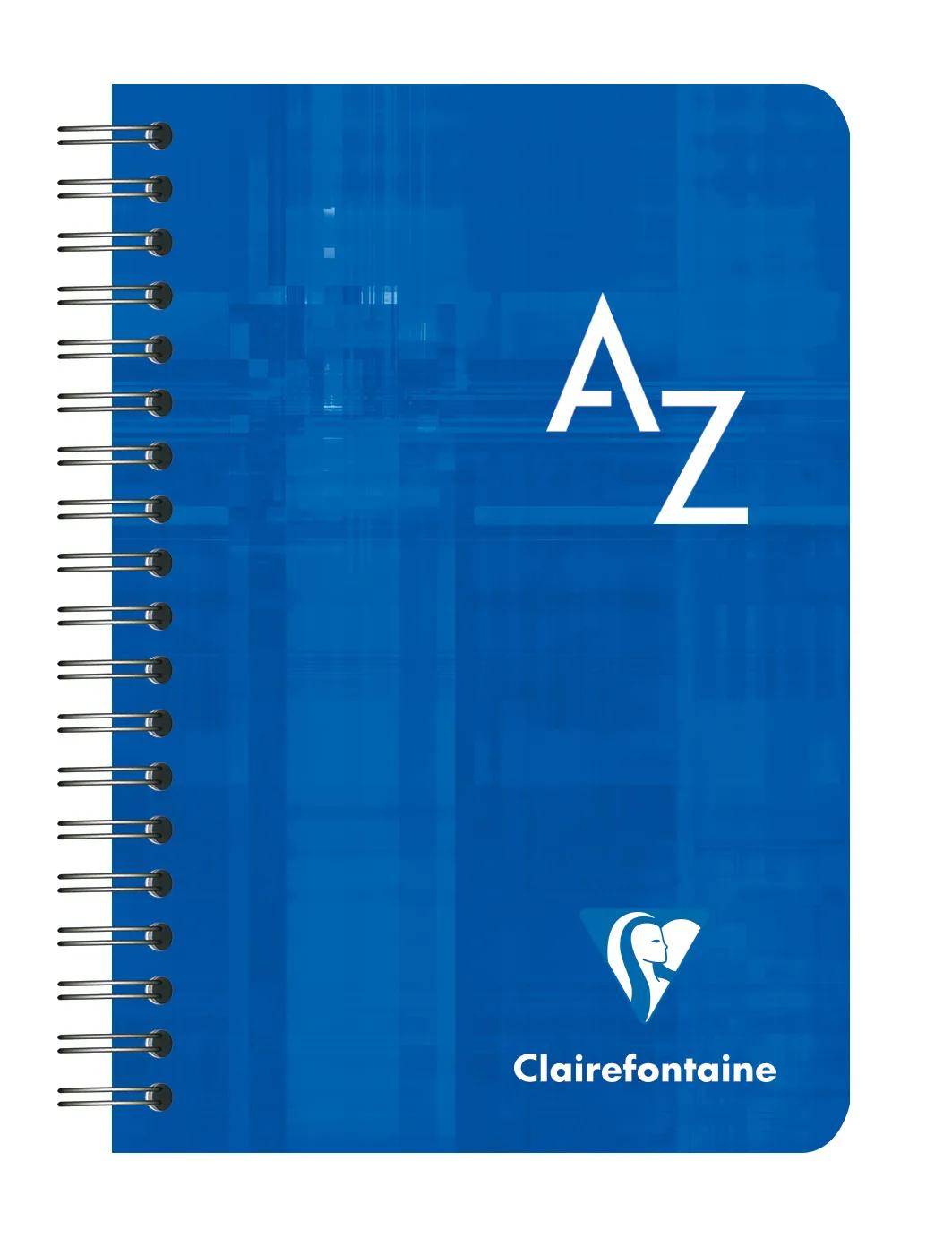 Blauer spiralgebundener Notizbucheinband mit großen weißen A-Z-Buchstaben und dem Clairefontaine-Logo am unteren Rand.