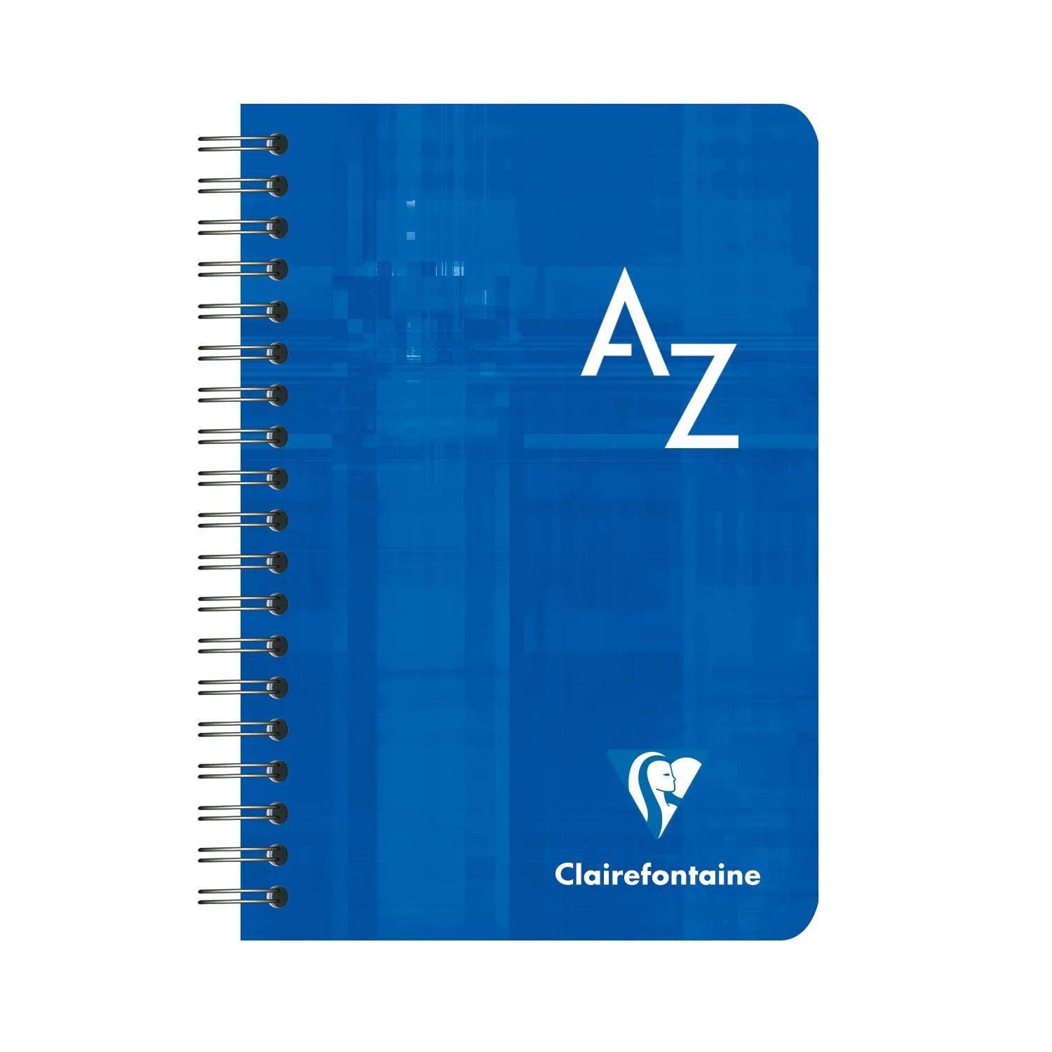 Blaugebundenes Spiralnotizbuch A-Z mit weißer Beschriftung und Clairefontaine-Logo auf dem Umschlag.