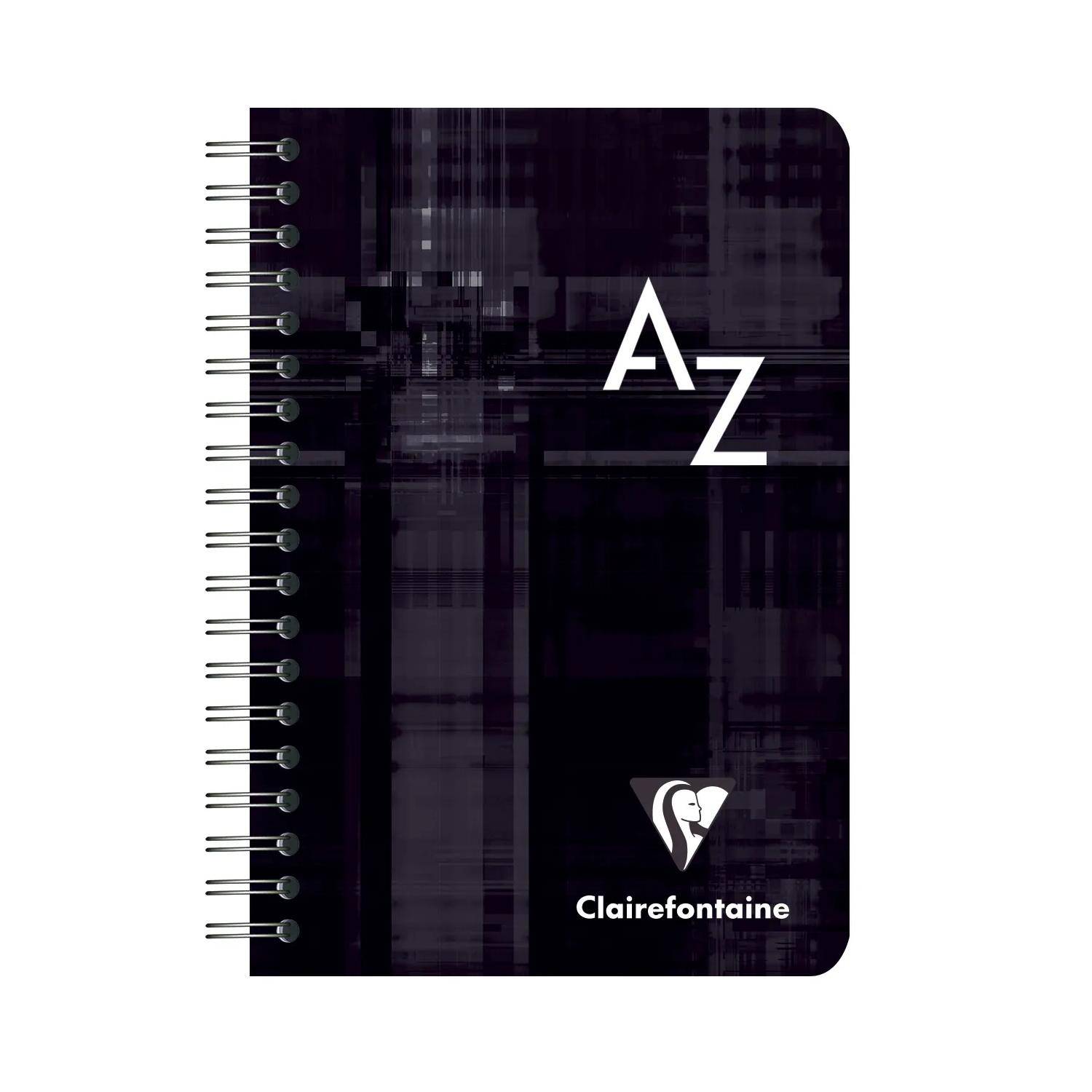 Schwarzer spiralgebundener Notizbucheinband mit abstraktem dunkelviolettem Design, großen Buchstaben „A Z" und Clairefontaine-Logo in der Nähe des unteren Randes.