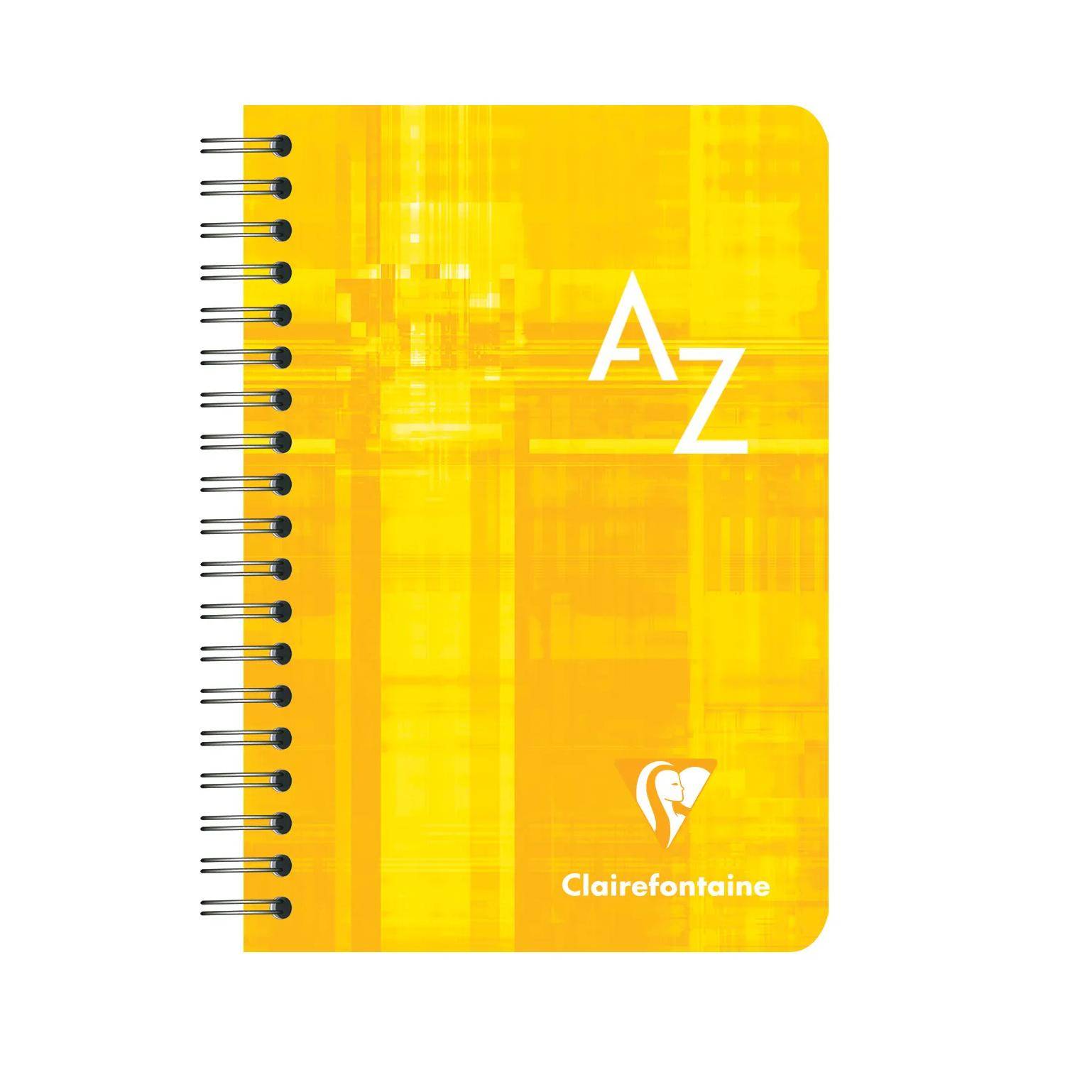 Gelbes spiralgebundenes Notizbuch mit „A-Z" auf dem Umschlag und Clairefontaine-Logo unten.