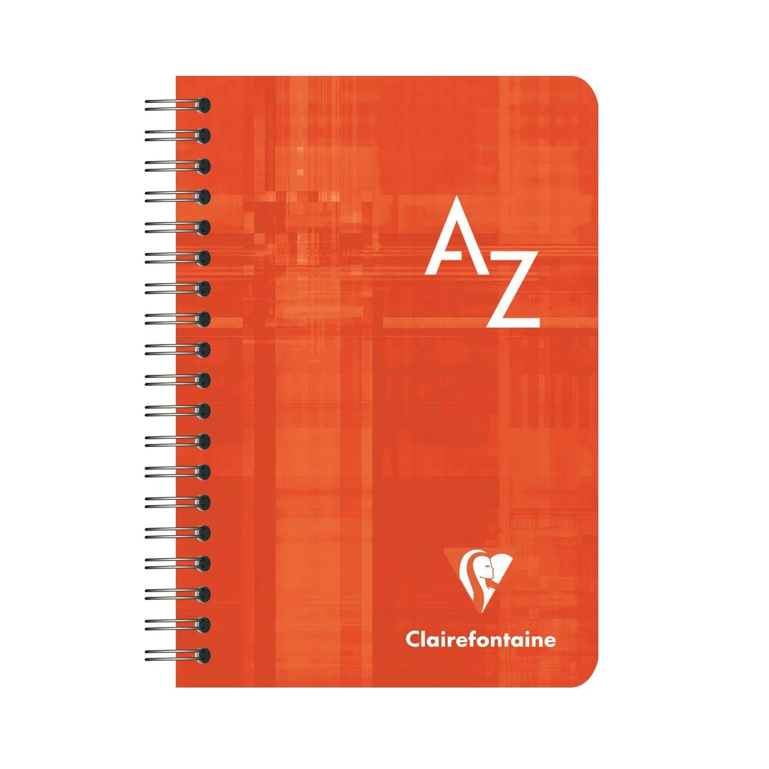 Oranges spiralgebundenes Notizbuch mit "A-Z"" auf dem Umschlag und Clairefontaine-Branding am unteren Rand.