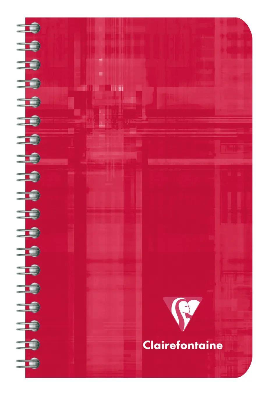 Rotes spiralgebundenes Clairefontaine-Notizbuch mit pinkem Umschlag und Logo auf der Vorderseite.