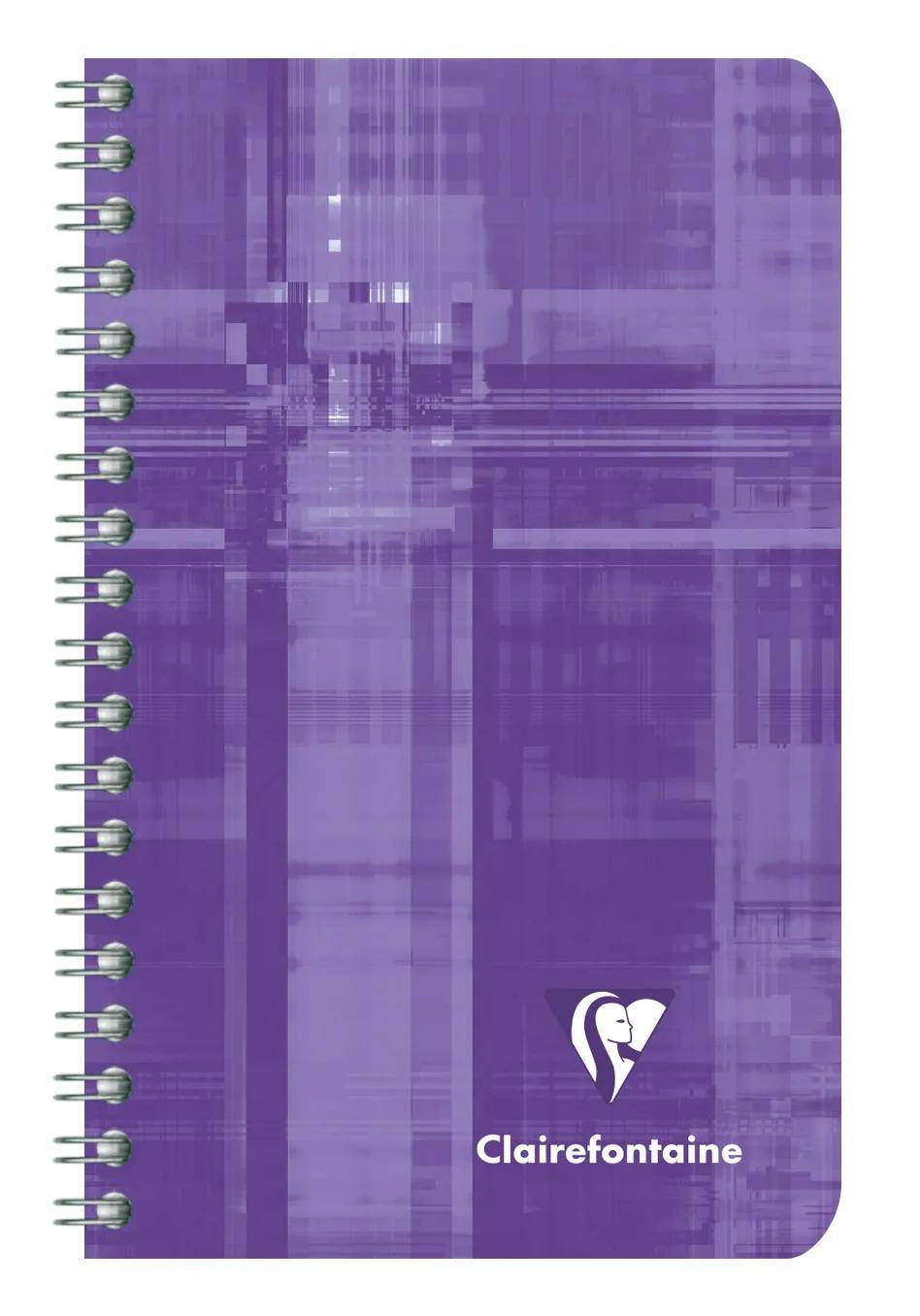 Violettes spiralgebundenes Notizbuch mit abstraktem Karomuster auf dem Umschlag und dem Logo 