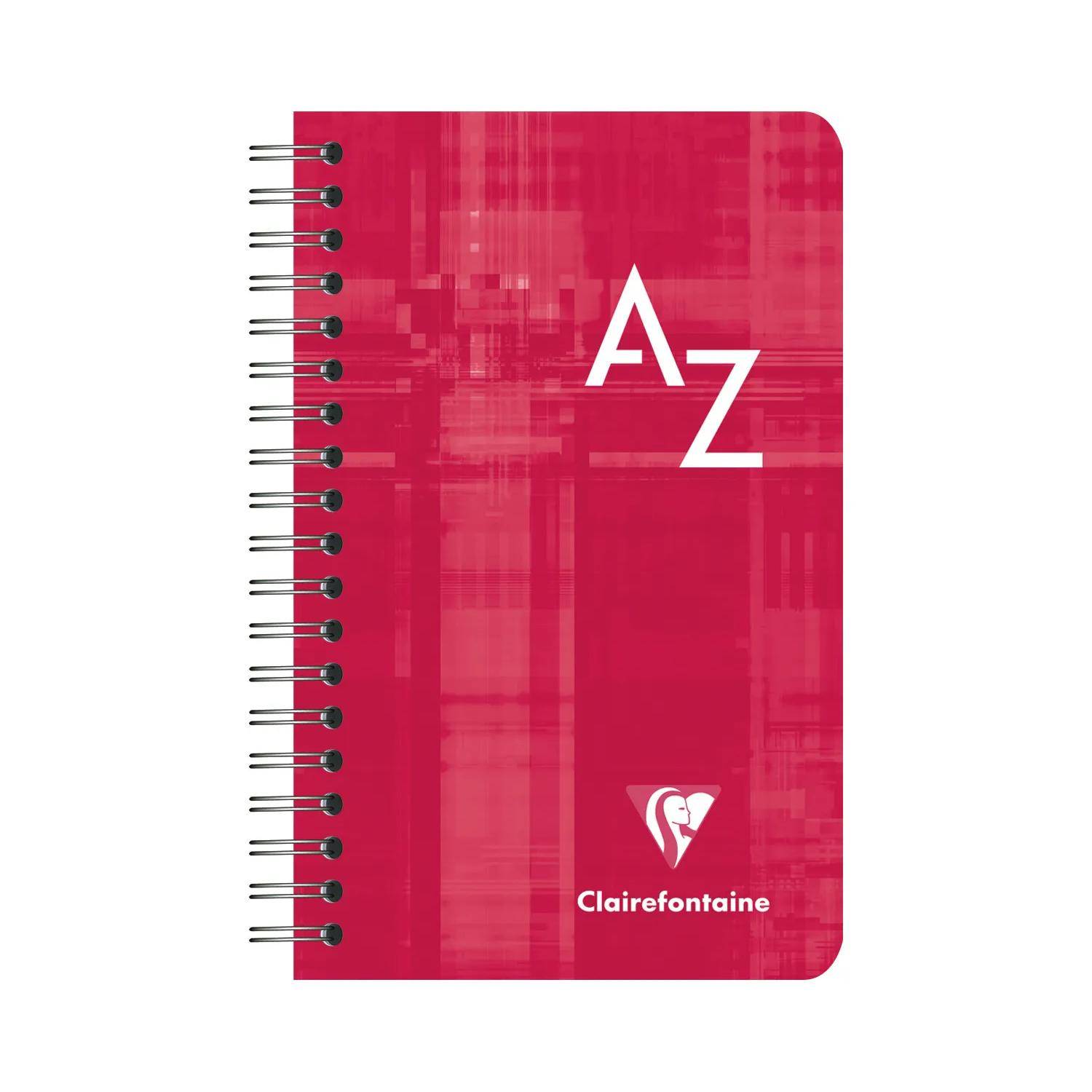 Rotes spiralgebundenes Notizbuch mit magentafarbenem Umschlag, großen weißen Buchstaben „A Z" und dem Logo von Clairefontaine in der Nähe des unteren Randes.