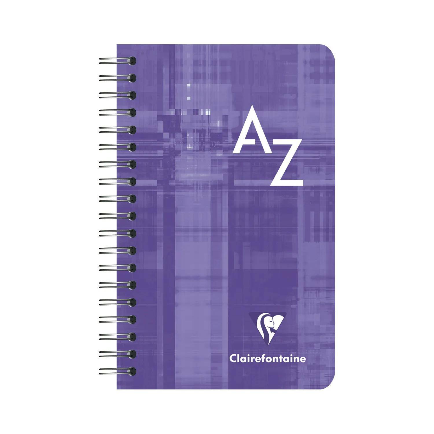 Spiralgebundenes Notizbuch in Violett mit weißem „A Z" Design auf dem Cover und Clairefontaine-Logo
