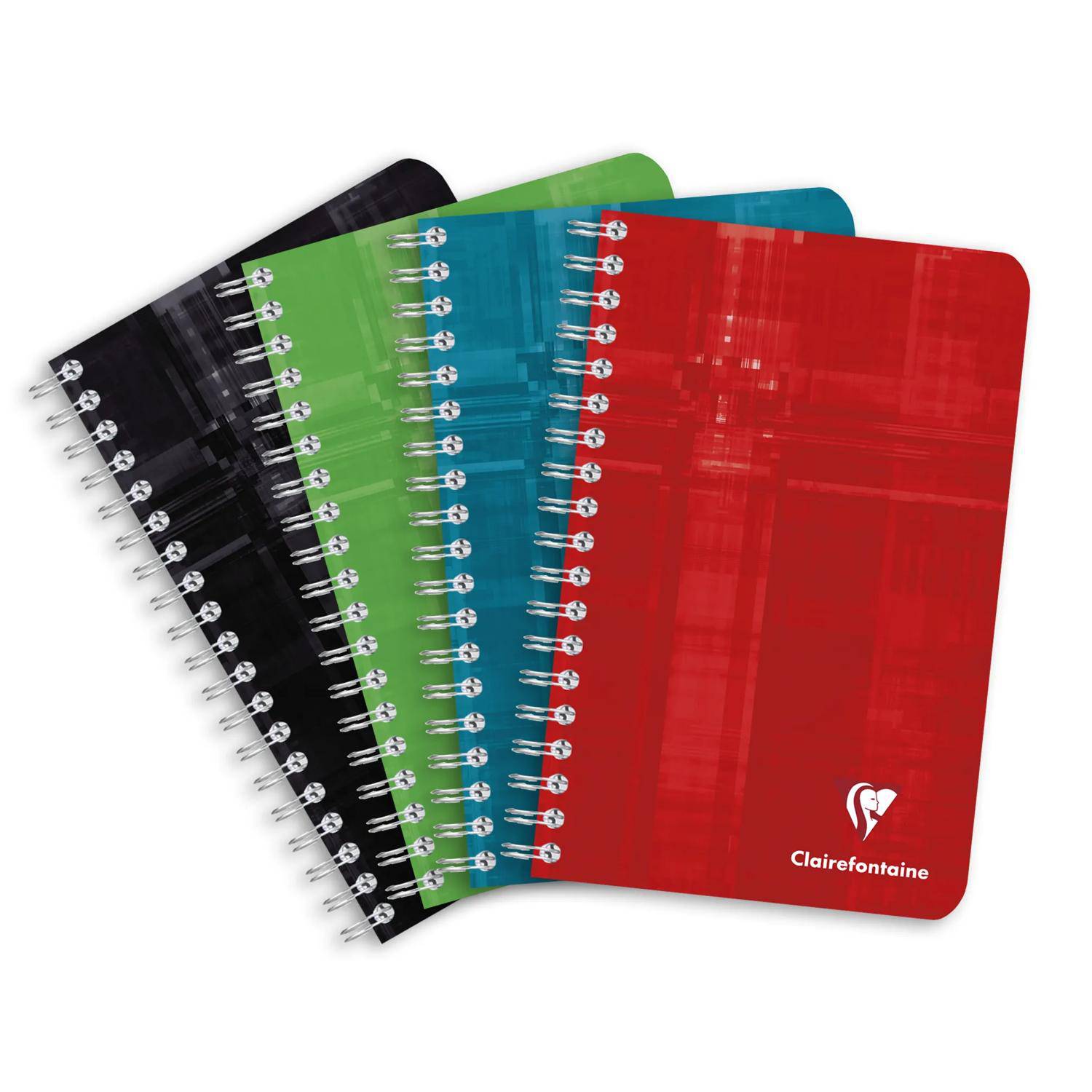 Vier spiralgebundene Clairefontaine-Notizbücher in Schwarz, Grün, Blau und Rot sind auf weißem Hintergrund fächerförmig ausgebreitet.