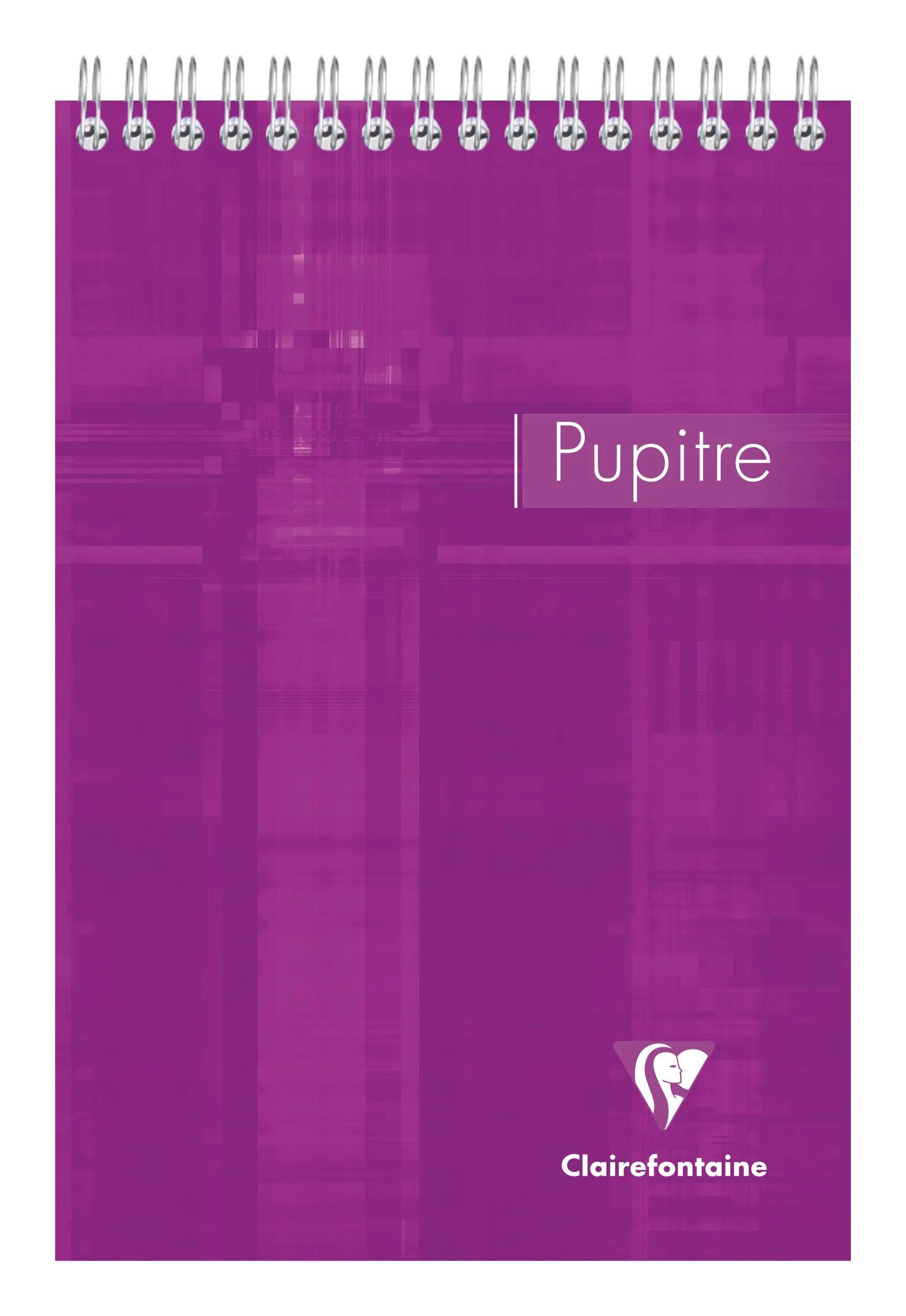 Violetter Spiralbindungsnotizbusch mit dem Wort „Pupitre