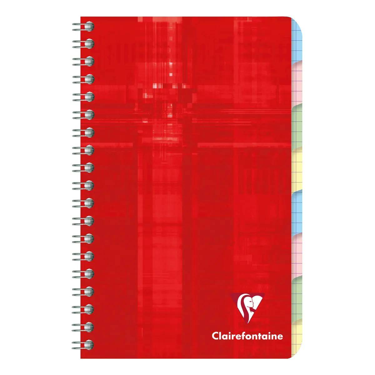 Spiralblock in Rot mit leuchtend rotem Umschlag und Clairefontaine-Logo, gezeigt mit bunten Registerlaschen an den Kanten.