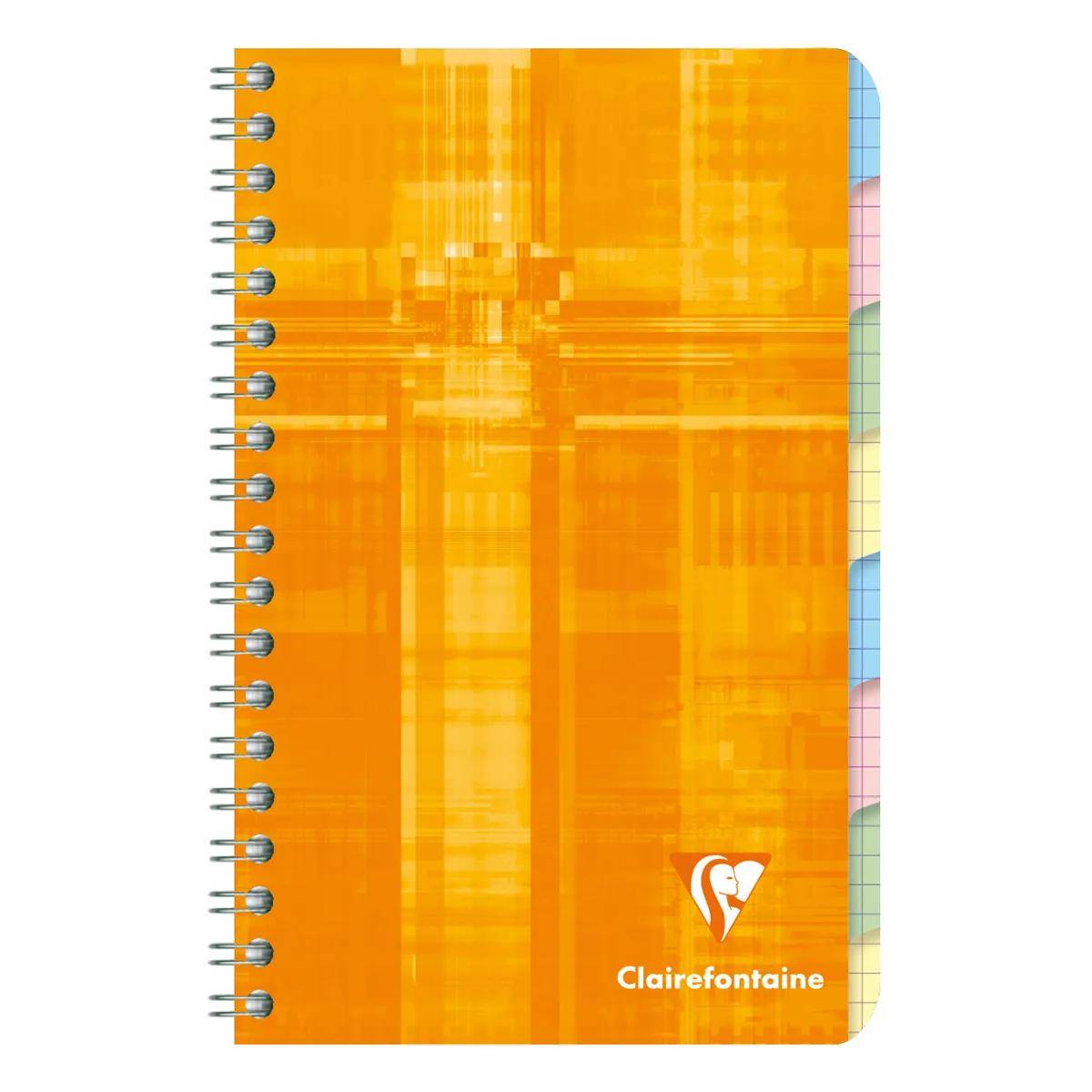 Orange spiralgebundenes Clairefontaine-Notizbuch mit gemustertem Umschlag und tabulierten Trennblättern, die auf der rechten Seite hervorschauen.
