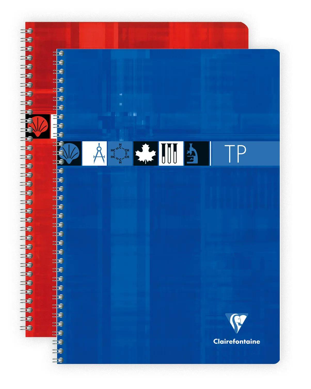 Zwei spiralgebundene Clairefontaine-Notizbücher, eines mit blauem Einband vorne und eines mit rotem Einband hinten, jeweils mit der Bezeichnung TP und einer horizontalen Symbolleiste.