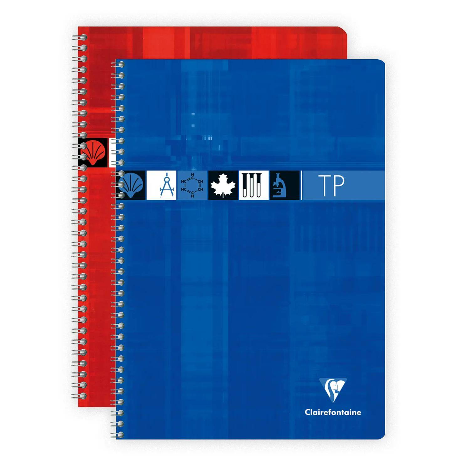 Zwei spiralgebundene Notizbücher, eines mit blauem Vorderdeckel und eines mit rotem Rückendeckel, jeweils mit einem horizontalen Band kleiner Symbole und dem Clairefontaine-Logo auf dem Umschlag.