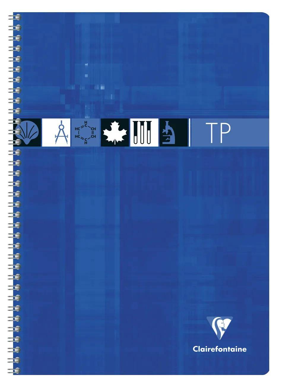 Blauer spiralgebundener Clairefontaine Notizbuchdeckel mit Wissenschaftssymbolen über der Mitte und 