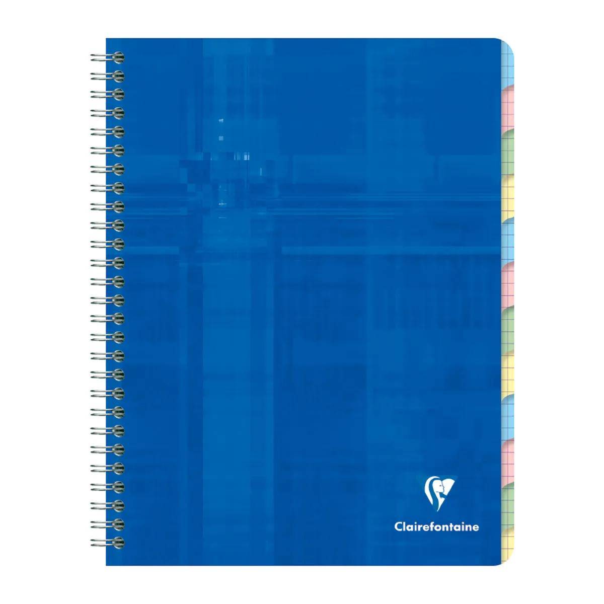 Blaugebundenes spiralgebundenes Notizbuch mit farbigen Registerreitern auf der rechten Kante und Clairefontaine-Logo auf dem Cover.