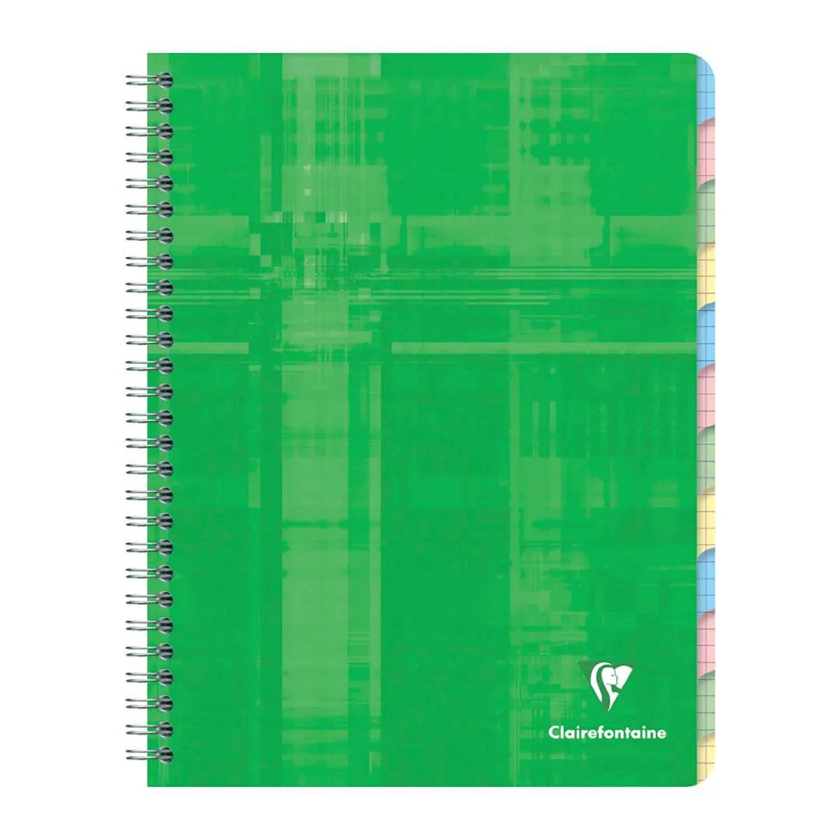 Grünes spiralgebundenes Notizbuch mit einem Clairefontaine-Logo auf dem Umschlag und mehrfarbigen Seitenlaschen entlang der rechten Kante.