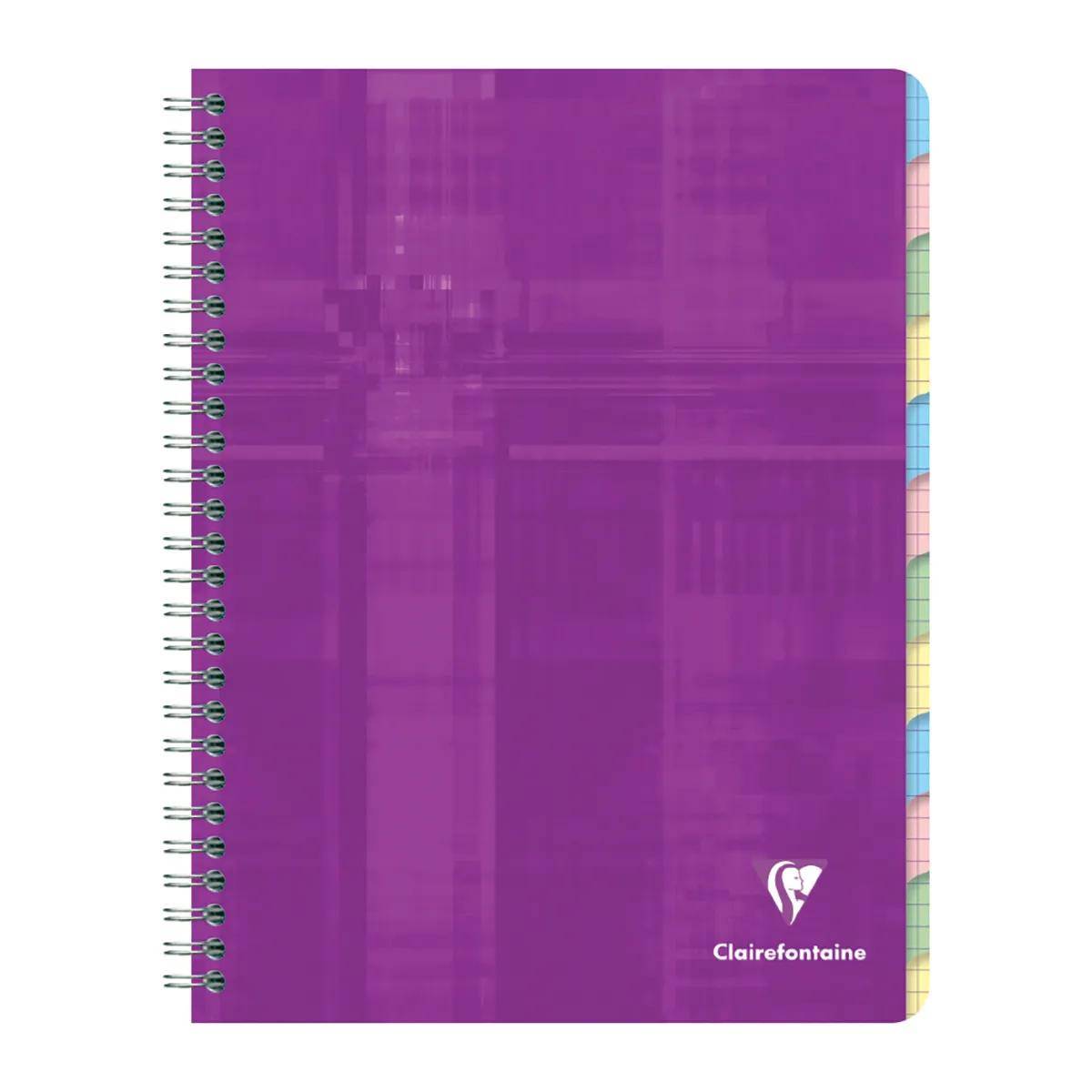 Violettes spiralgebundenes Notizbuch mit kariertem mehrfarbigem Registerrand und Clairefontaine-Logo auf dem Umschlag.