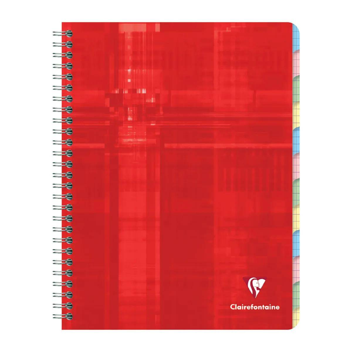 Rotes spiralgebundenes Notizbuch mit einfarbig rotem Einband, Clairefontaine-Logo unten rechts und mehrfarbige Seitenlaschen an der Kante.