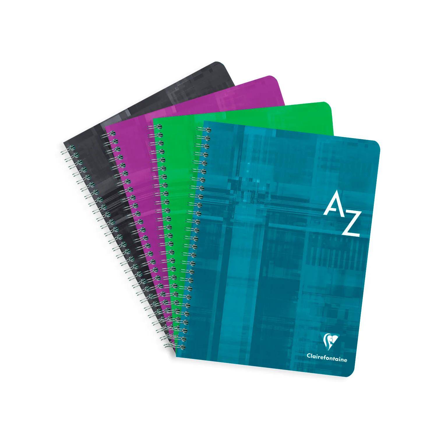 Vier spiralgebundene Notizbücher, fächerartig ausgebreitet in Schwarz, Lila, Grün und Blaugrün, mit 
