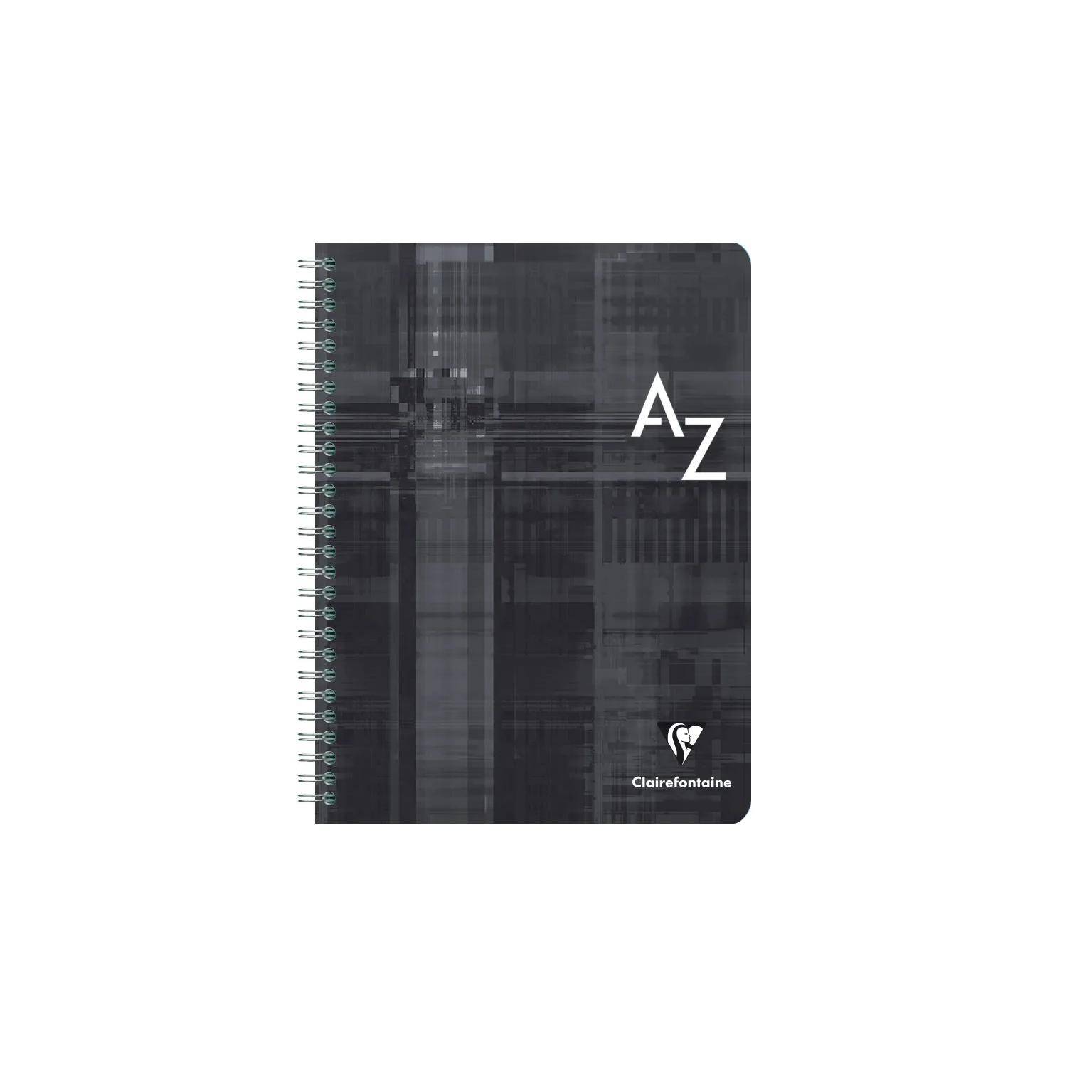 Schwarzes spiralgebundenes Notizbuch mit dunkelgeometrischem Umschlag, großem „A-Z"-Text und Clairefontaine-Logo auf der Vorderseite.