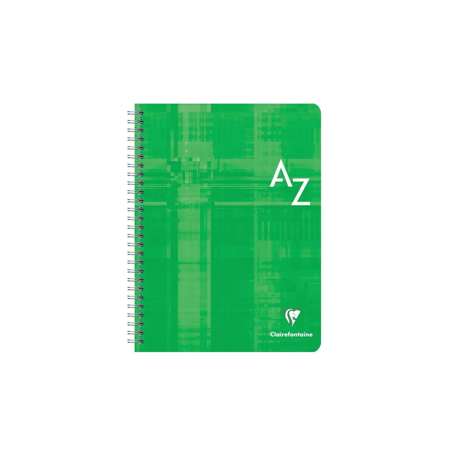 Grünes spiralgebundenes Notizbuch mit A-Z-Beschriftung und Clairefontaine-Logo auf dem Umschlag.