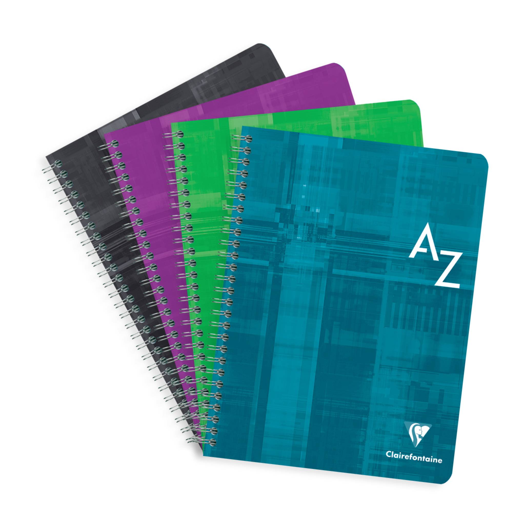 Vier spiralgebundene Notizbücher, gestaffelt und fächerförmig ausgebreitet in Schwarz, Violett, Grün und Blau, mit "A-Z"" auf dem vorderen Umschlag und Clairefontaine-Logo.