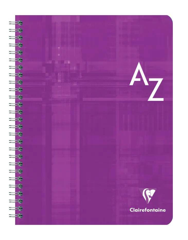 Violettes spiralgebundenes Notizbuch mit „A-Z" auf dem Umschlag und Clairfontaine-Logo am unteren Rand.