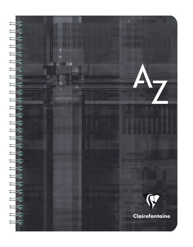 Schwarzer spiralgebundener Notizbucheinband mit dunkelabstraktem Gitterdesign, großem weißem „A-Z"-Text und Clairefontaine-Logo unten rechts.